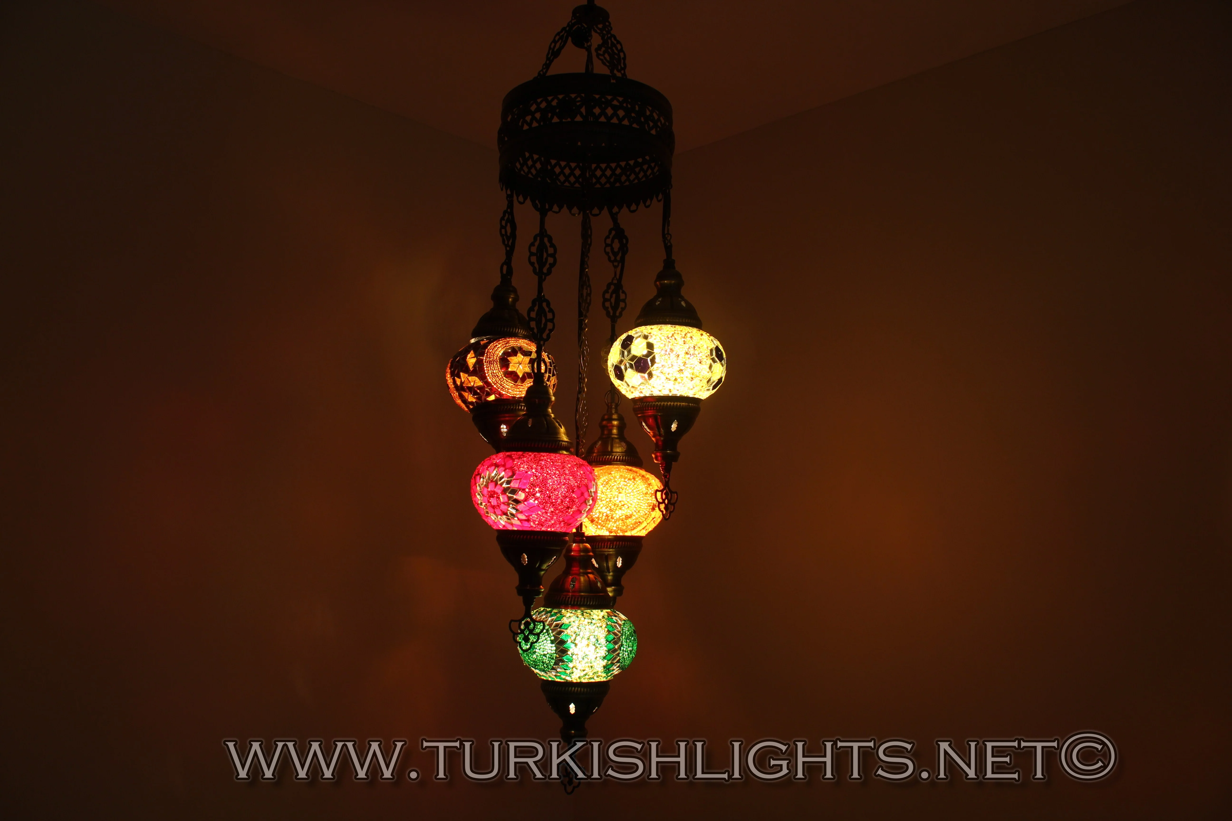 5 Ball Turkish Mosaic Chandelier - Handmade Sultan Design with Medium Globes, ID: S5M-7 - Image 3