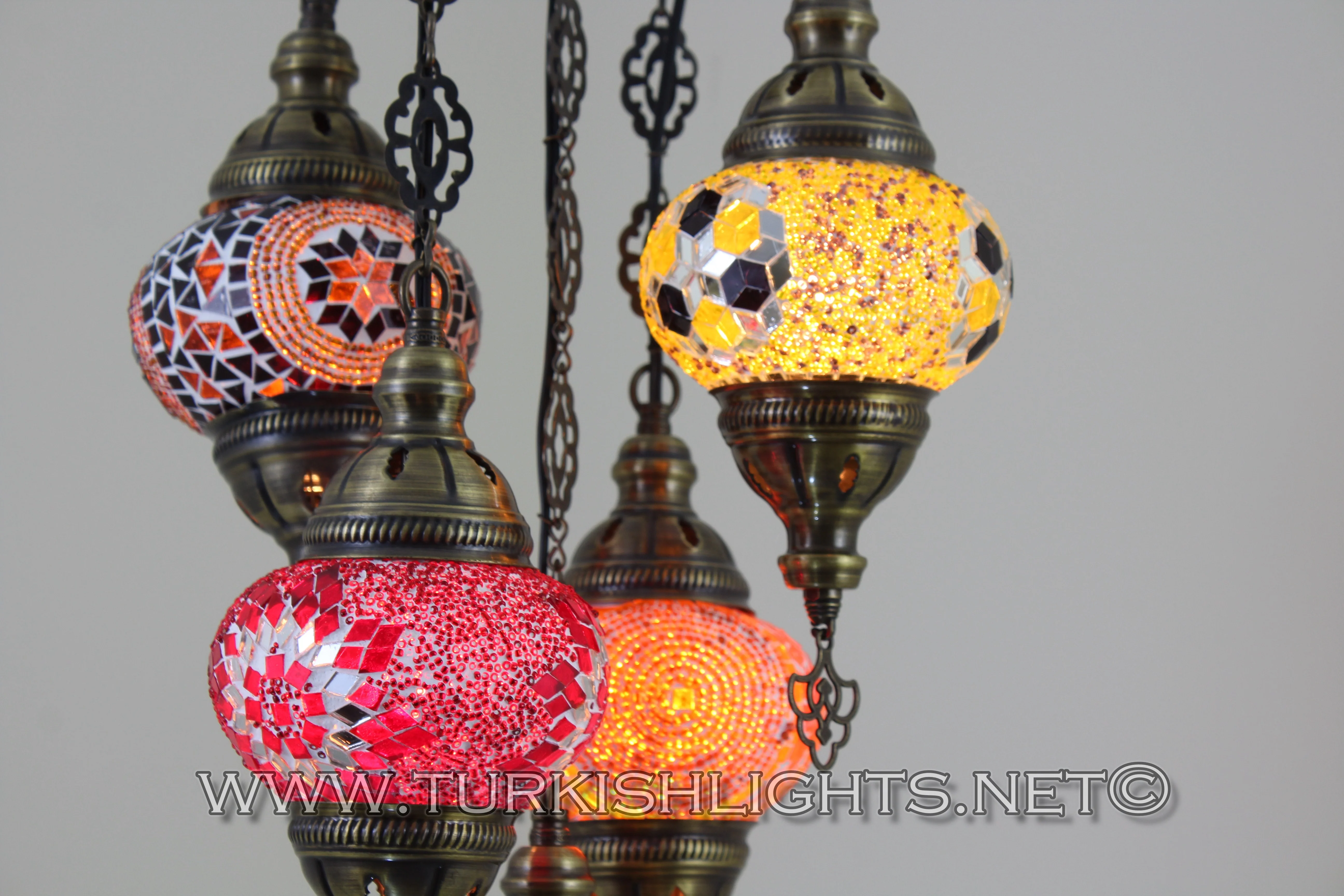 5 Ball Turkish Mosaic Chandelier - Handmade Sultan Design with Medium Globes, ID: S5M-7 - Image 5