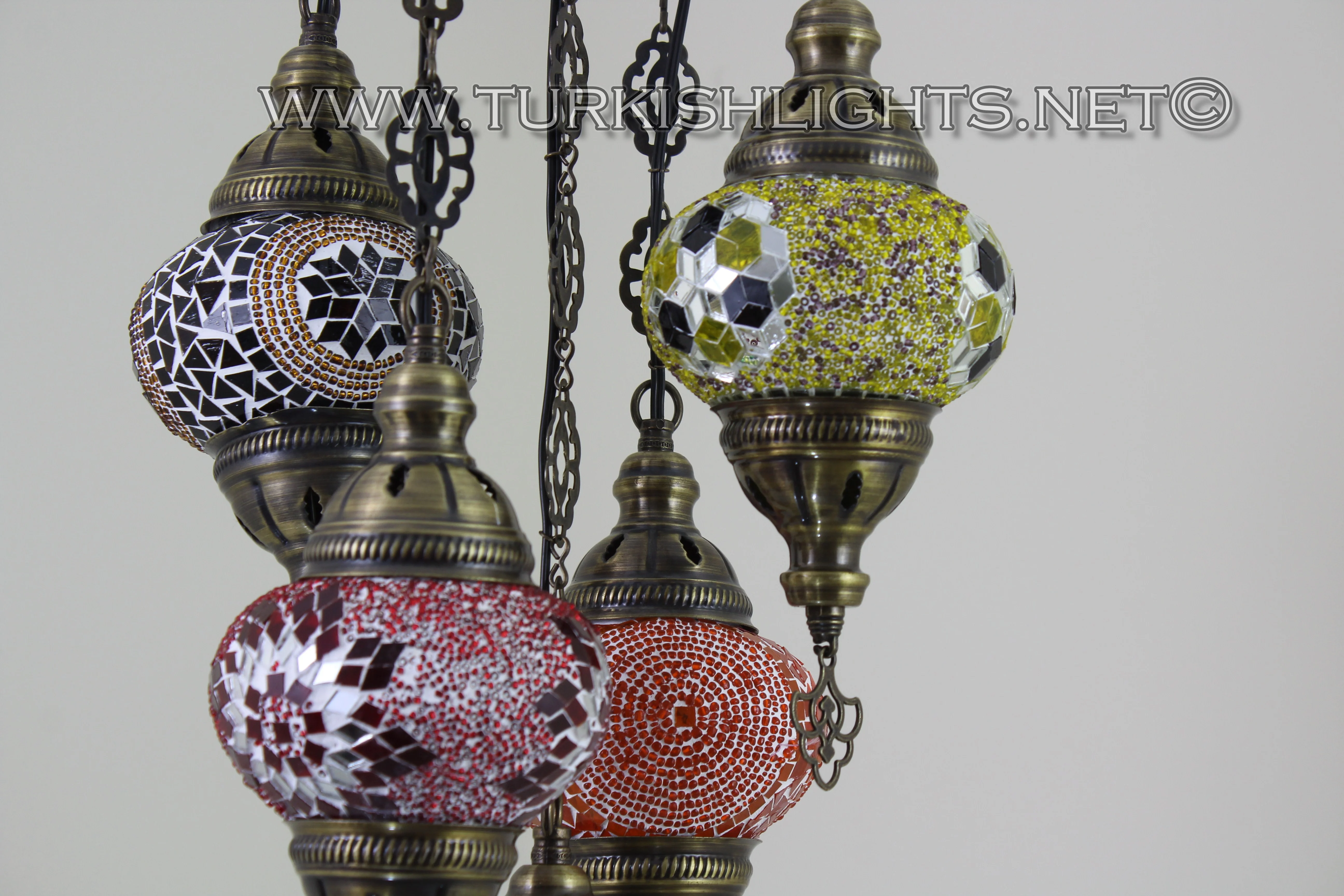 5 Ball Turkish Mosaic Chandelier - Handmade Sultan Design with Medium Globes, ID: S5M-7 - Image 6