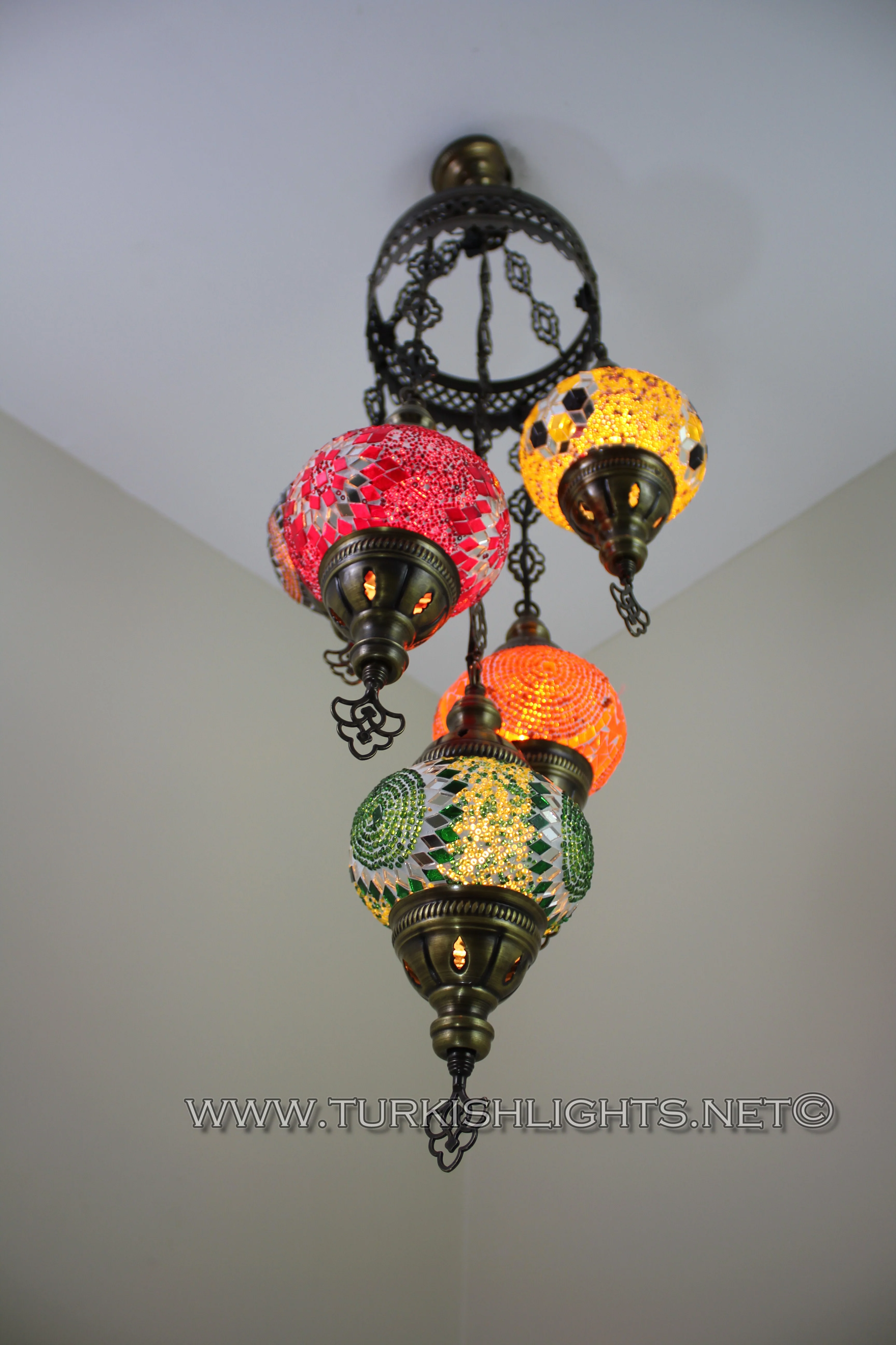 5 Ball Turkish Mosaic Chandelier - Handmade Sultan Design with Medium Globes, ID: S5M-7 - Image 7