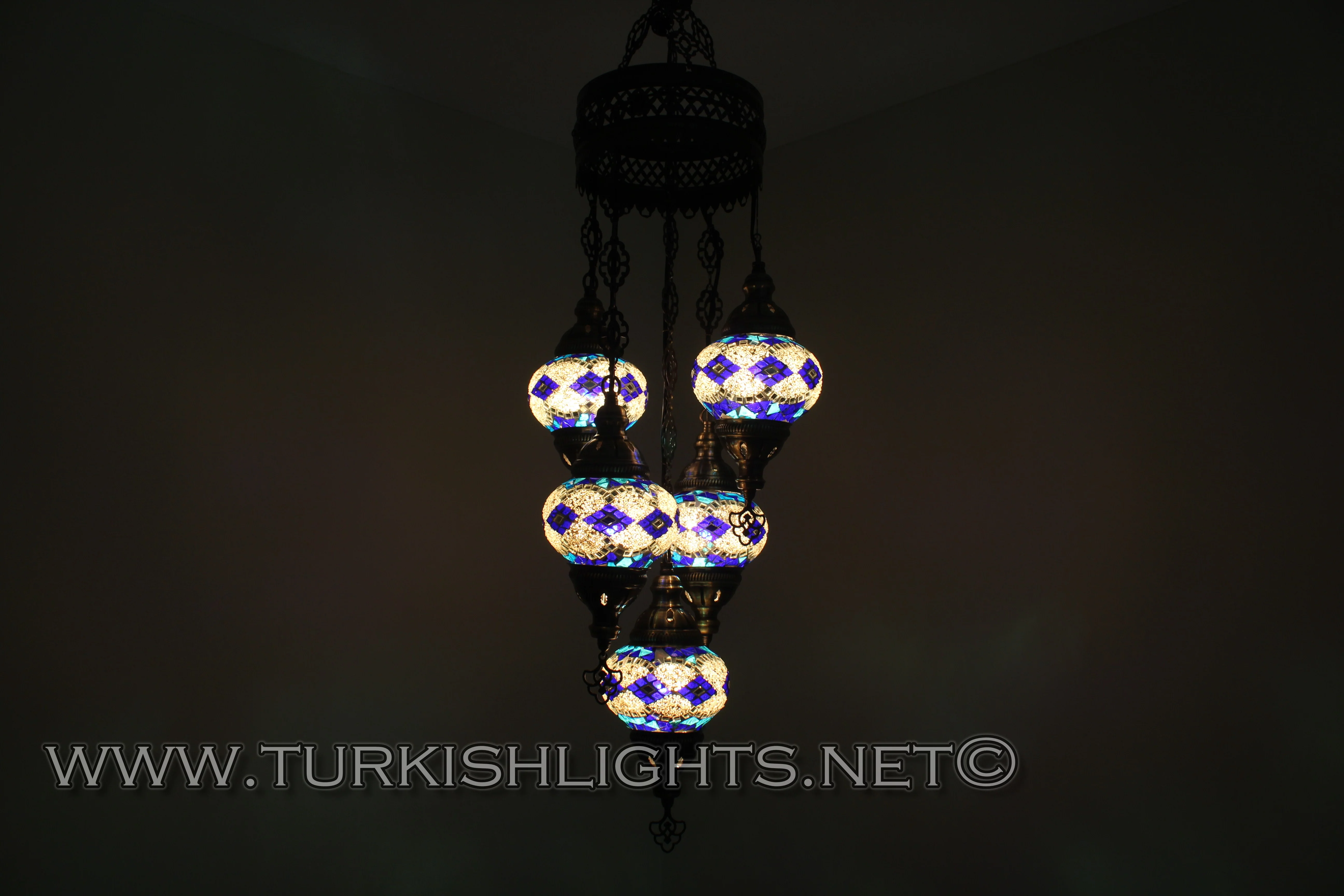 5 Ball Turkish Mosaic Chandelier - Handmade Sultan Design with Medium Globes, ID: S5M-6 - Image 3