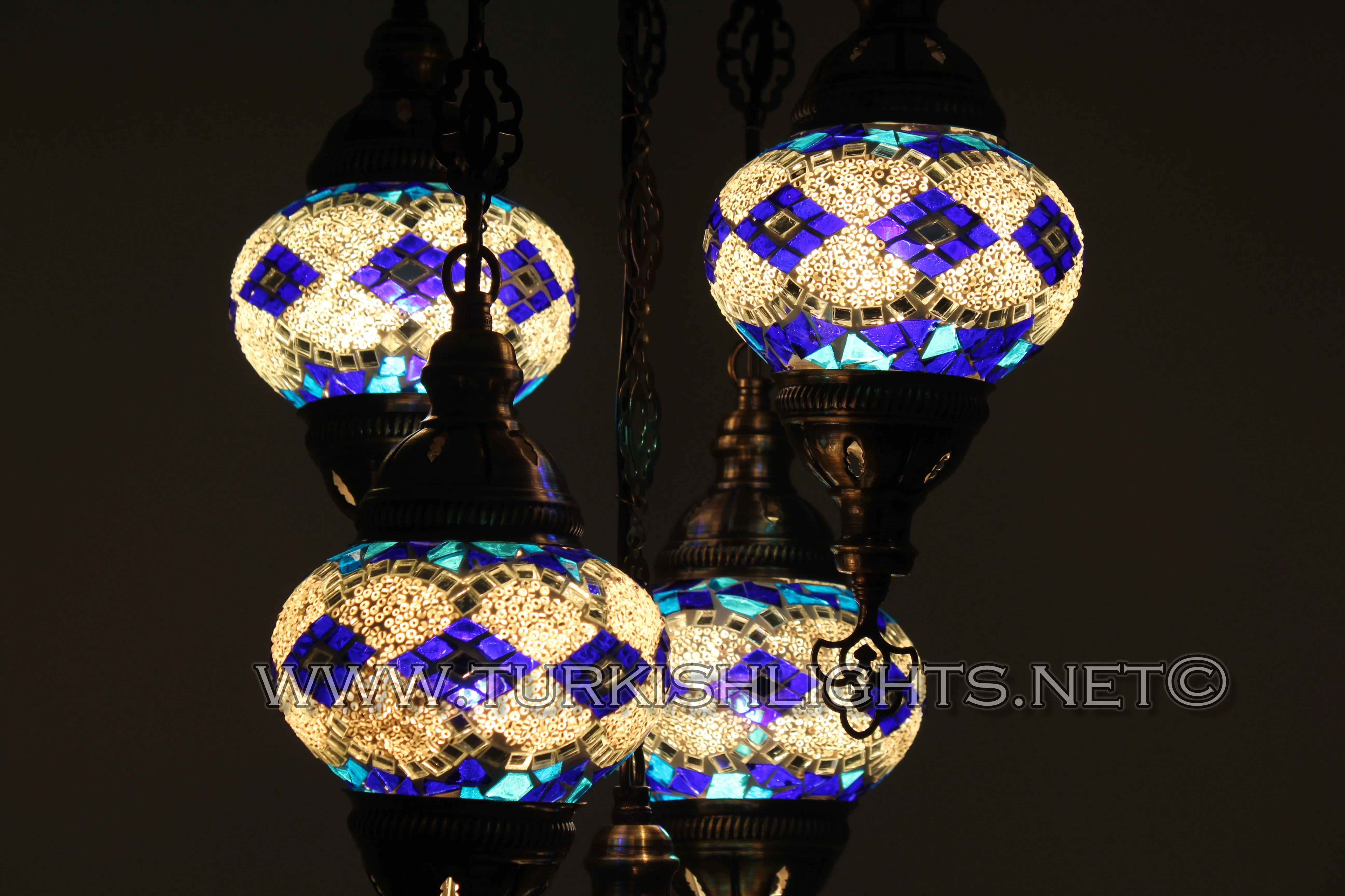5 Ball Turkish Mosaic Chandelier - Handmade Sultan Design with Medium Globes, ID: S5M-6 - Image 4