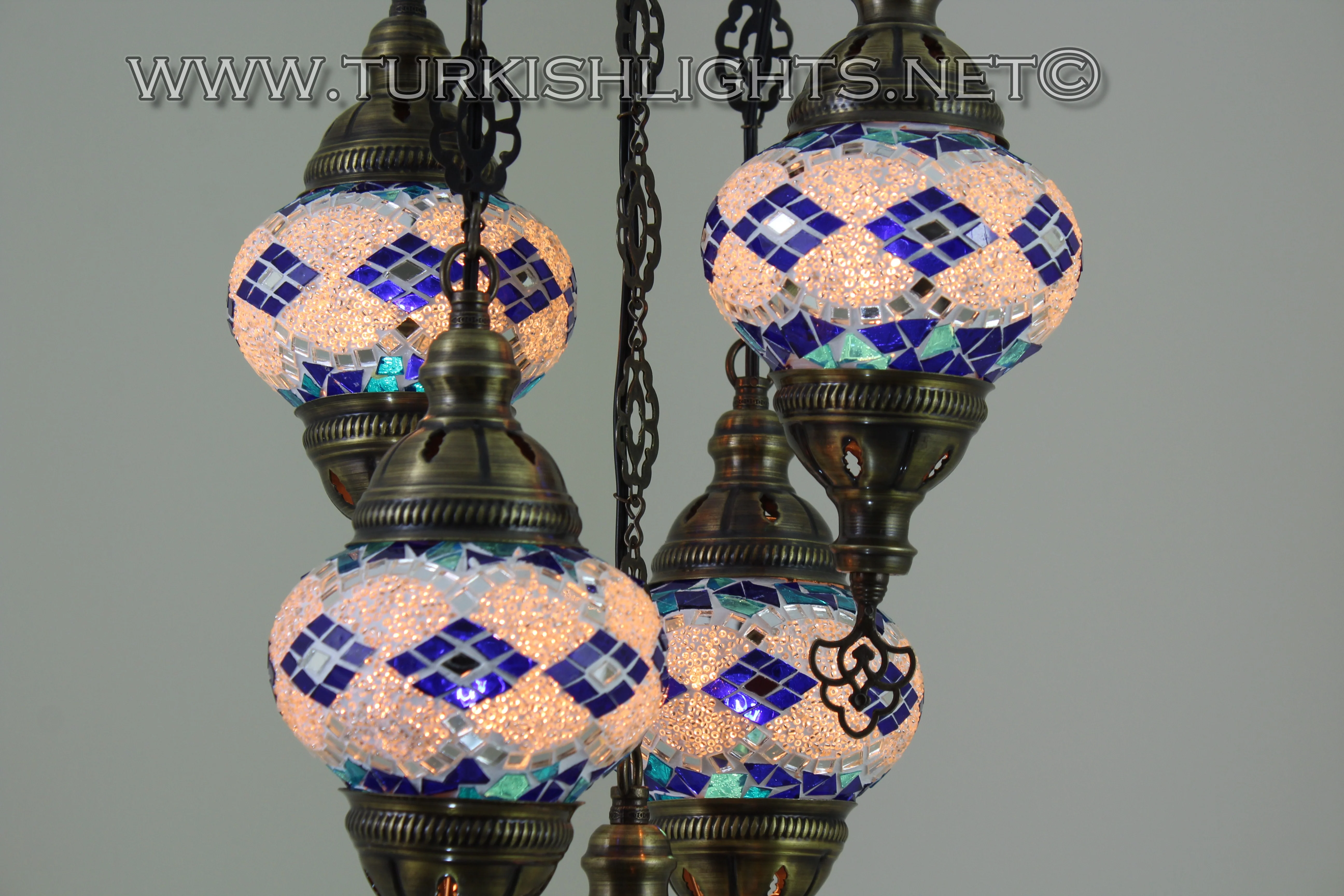 5 Ball Turkish Mosaic Chandelier - Handmade Sultan Design with Medium Globes, ID: S5M-6 - Image 5