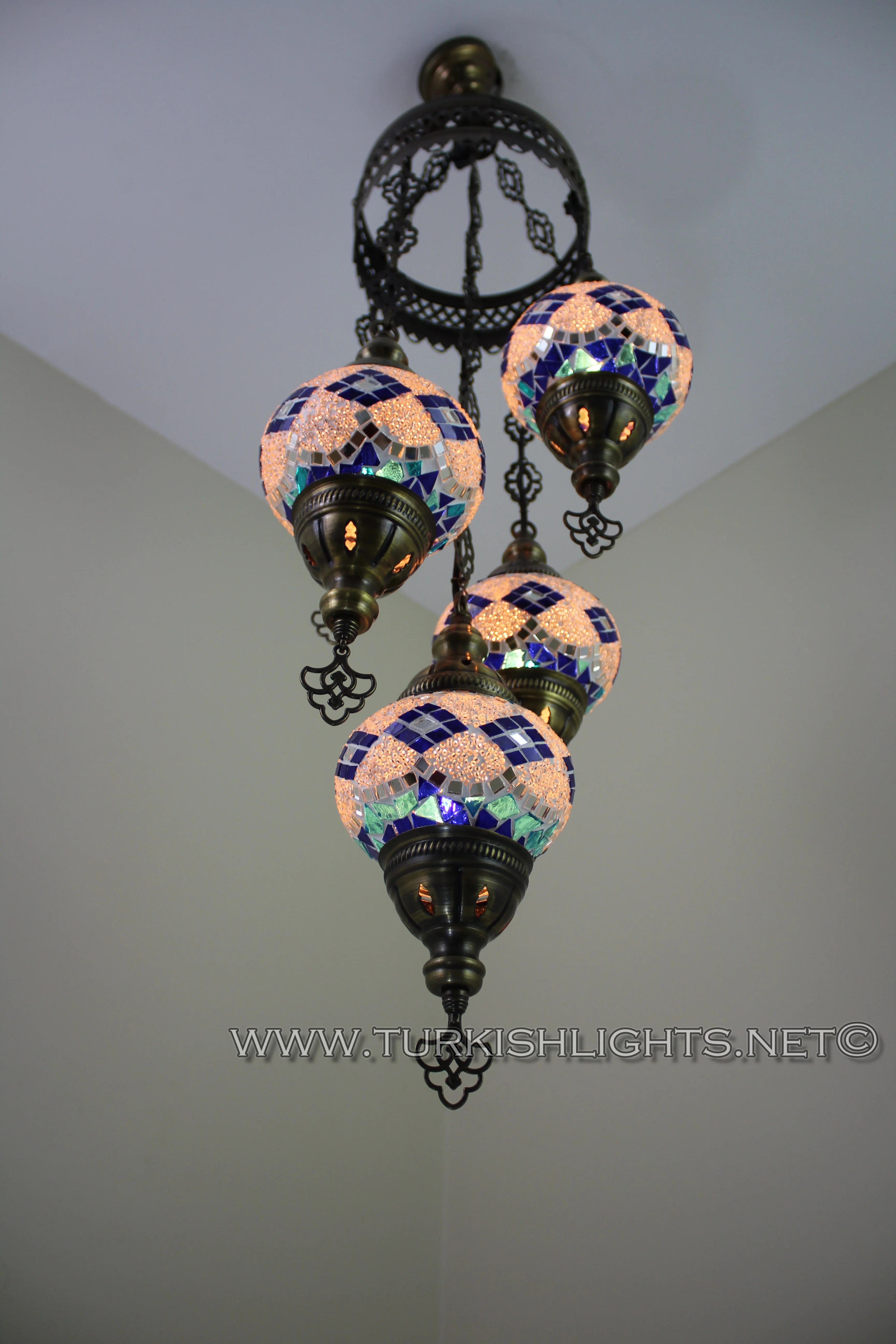 5 Ball Turkish Mosaic Chandelier - Handmade Sultan Design with Medium Globes, ID: S5M-6 - Image 7