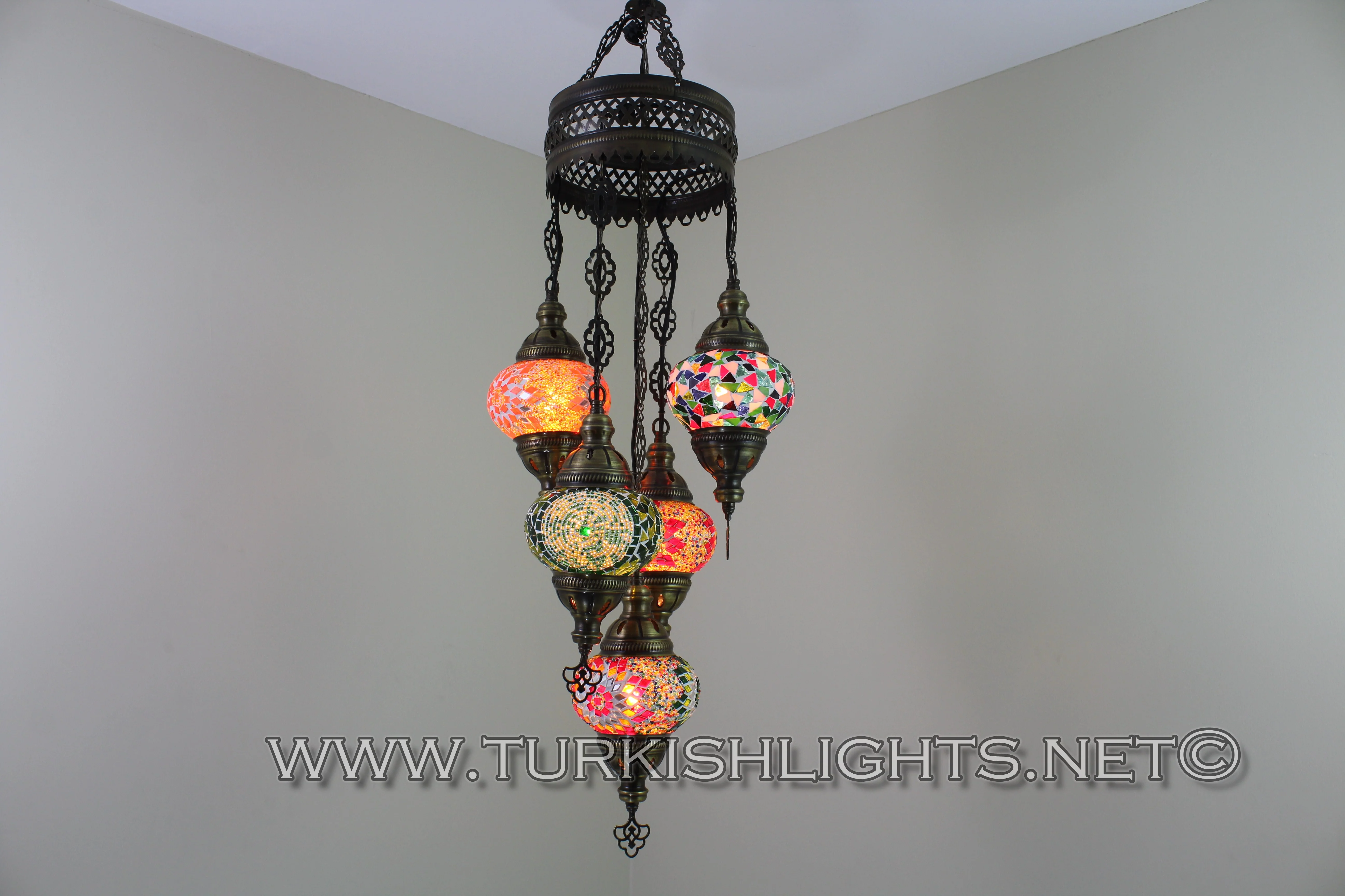 5 Ball Turkish Mosaic Chandelier - Handmade Sultan Design with Medium Globes, ID: S5M-5 - Image 3