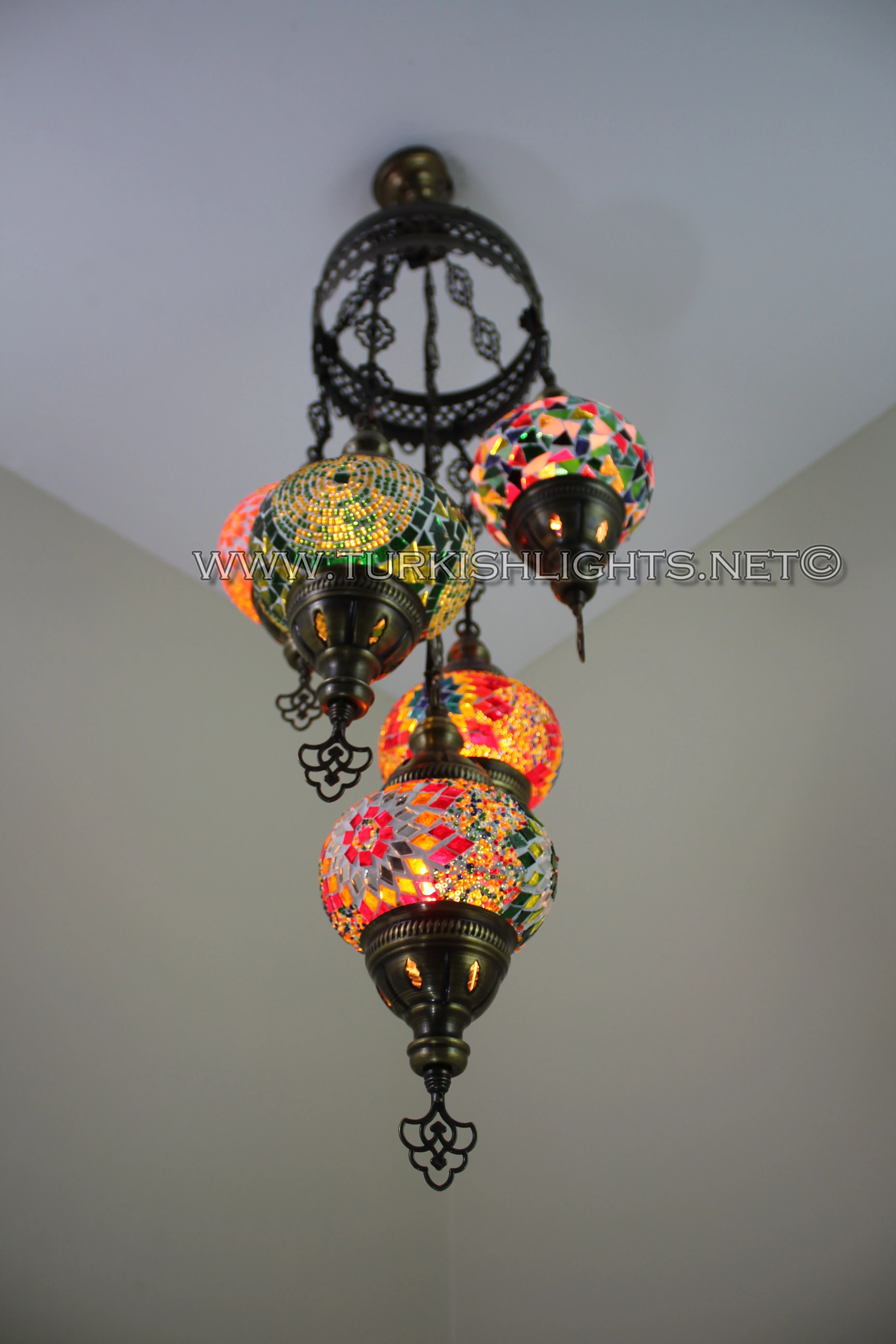5 Ball Turkish Mosaic Chandelier - Handmade Sultan Design with Medium Globes, ID: S5M-5 - Image 7