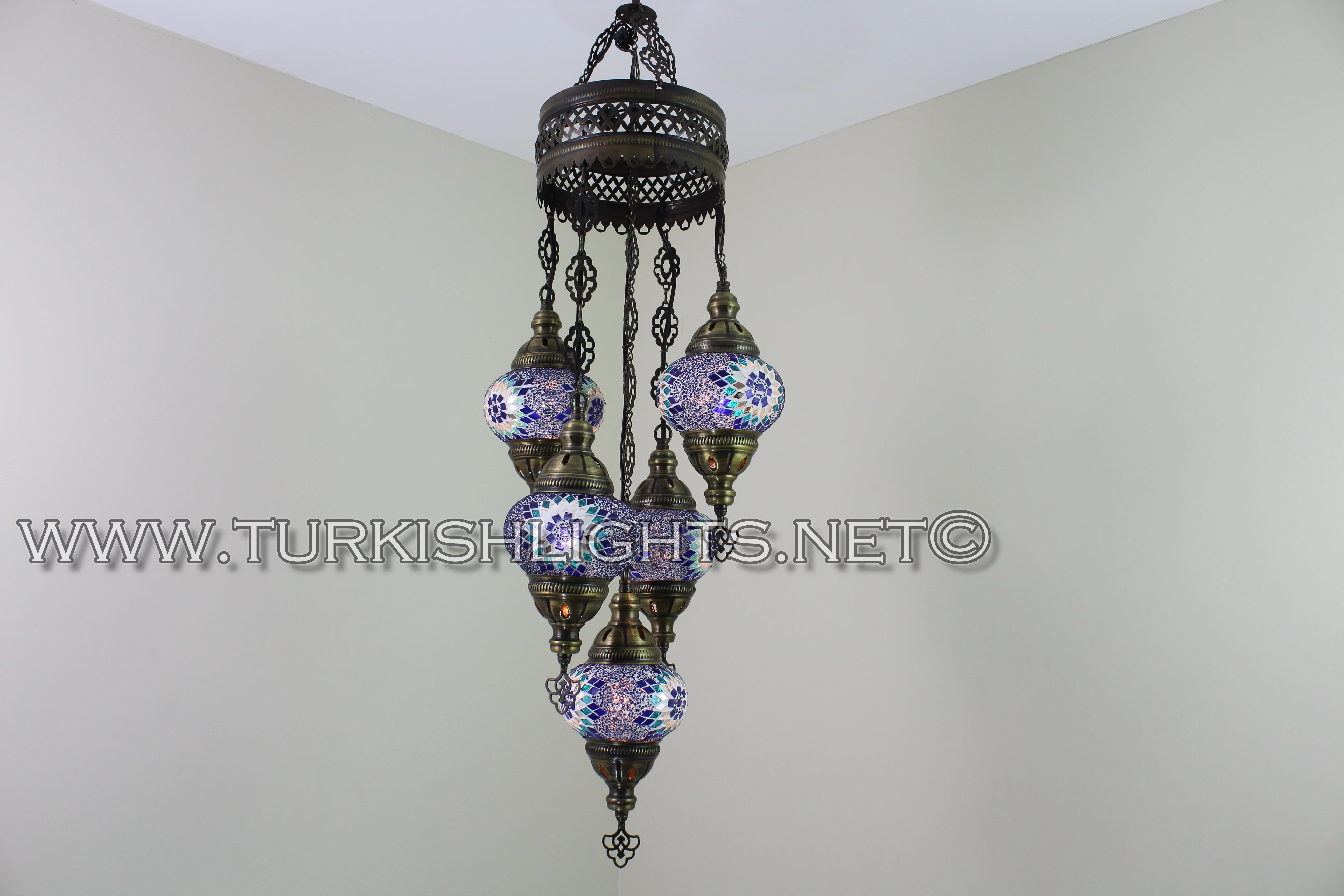 5 Ball Turkish Mosaic Chandelier - Handmade Sultan Design with Large Globes, ID: S5L-11 - Image 3