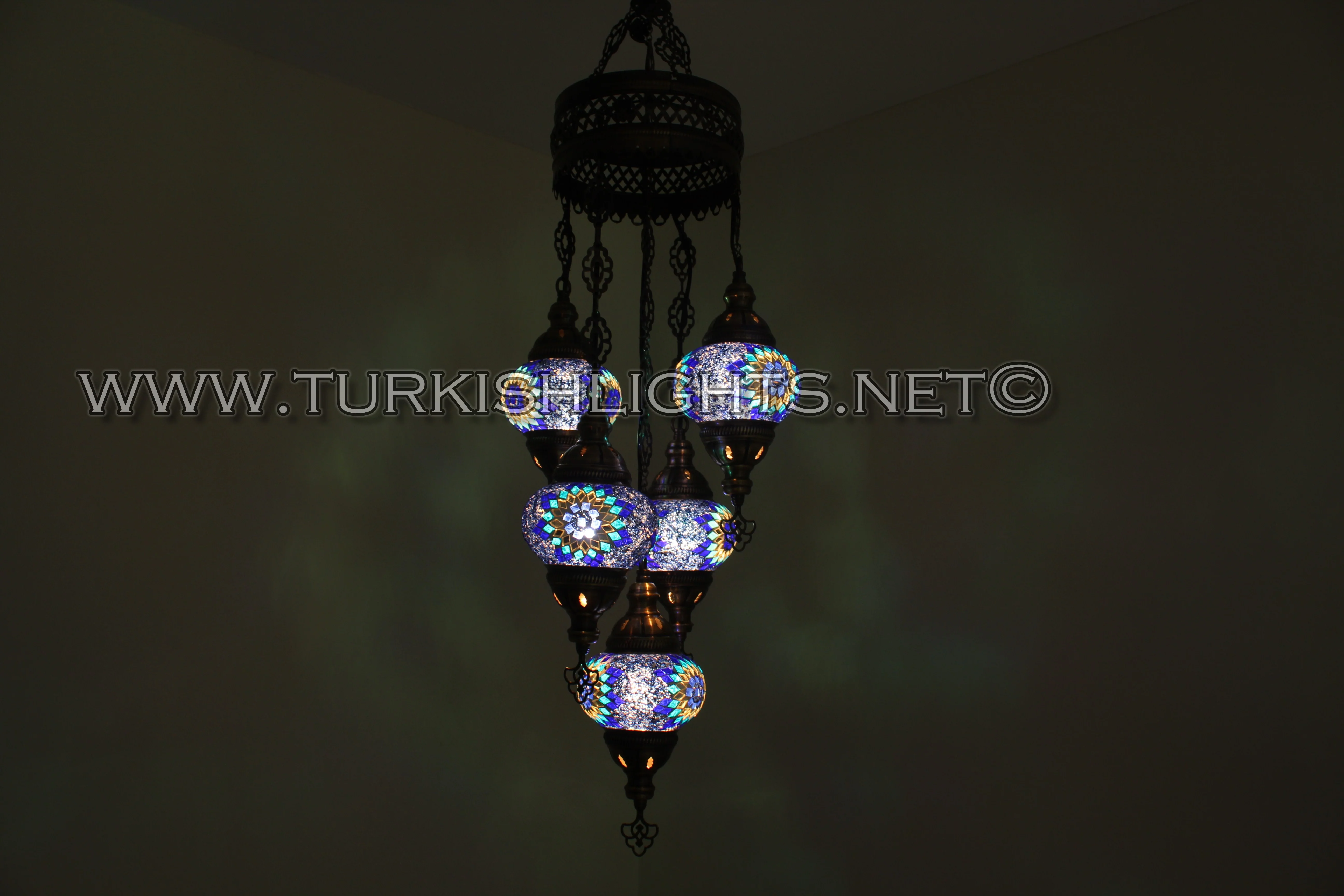5 Ball Turkish Mosaic Chandelier - Handmade Sultan Design with Large Globes, ID: S5L-11 - Image 4
