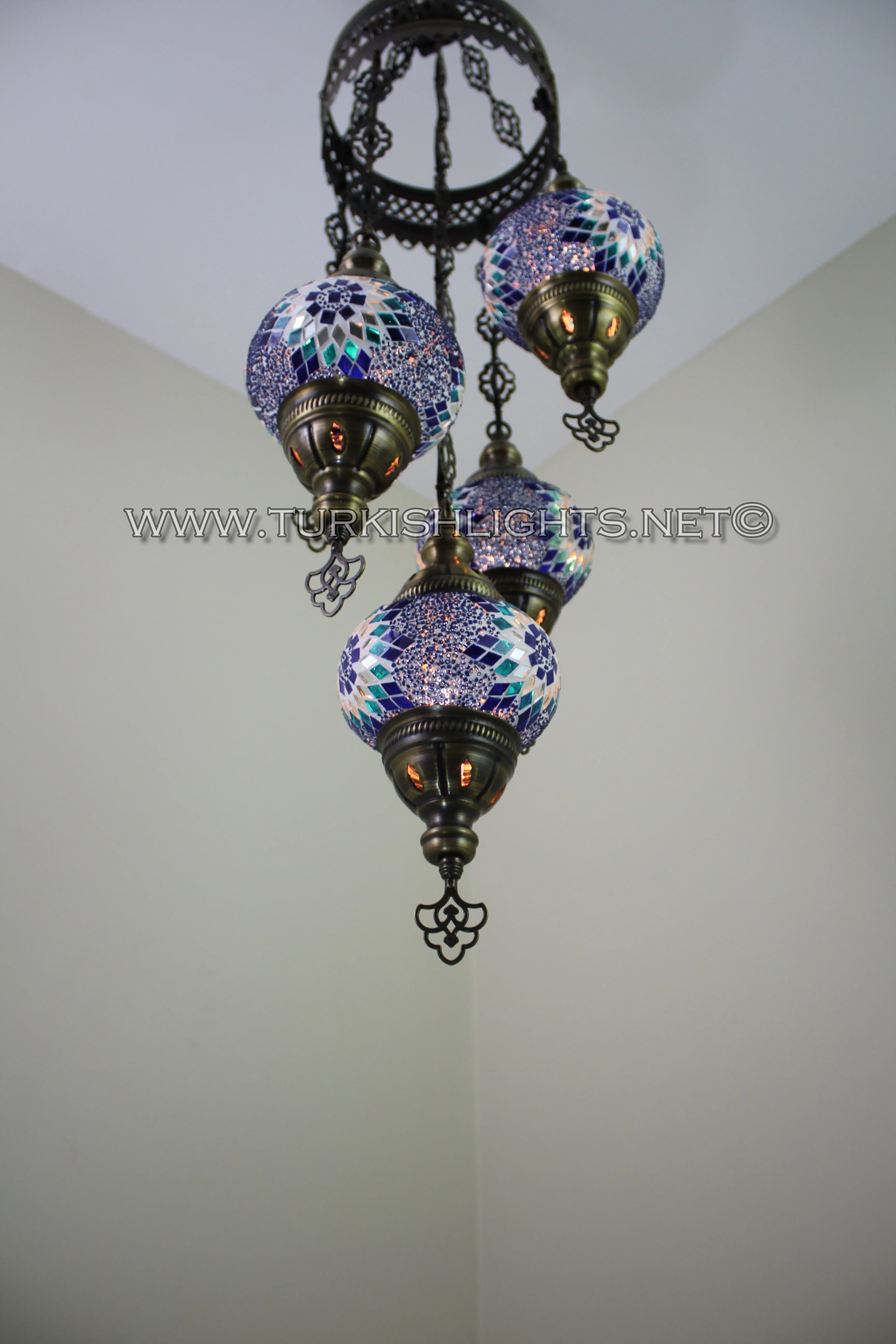 5 Ball Turkish Mosaic Chandelier - Handmade Sultan Design with Large Globes, ID: S5L-11 - Image 7