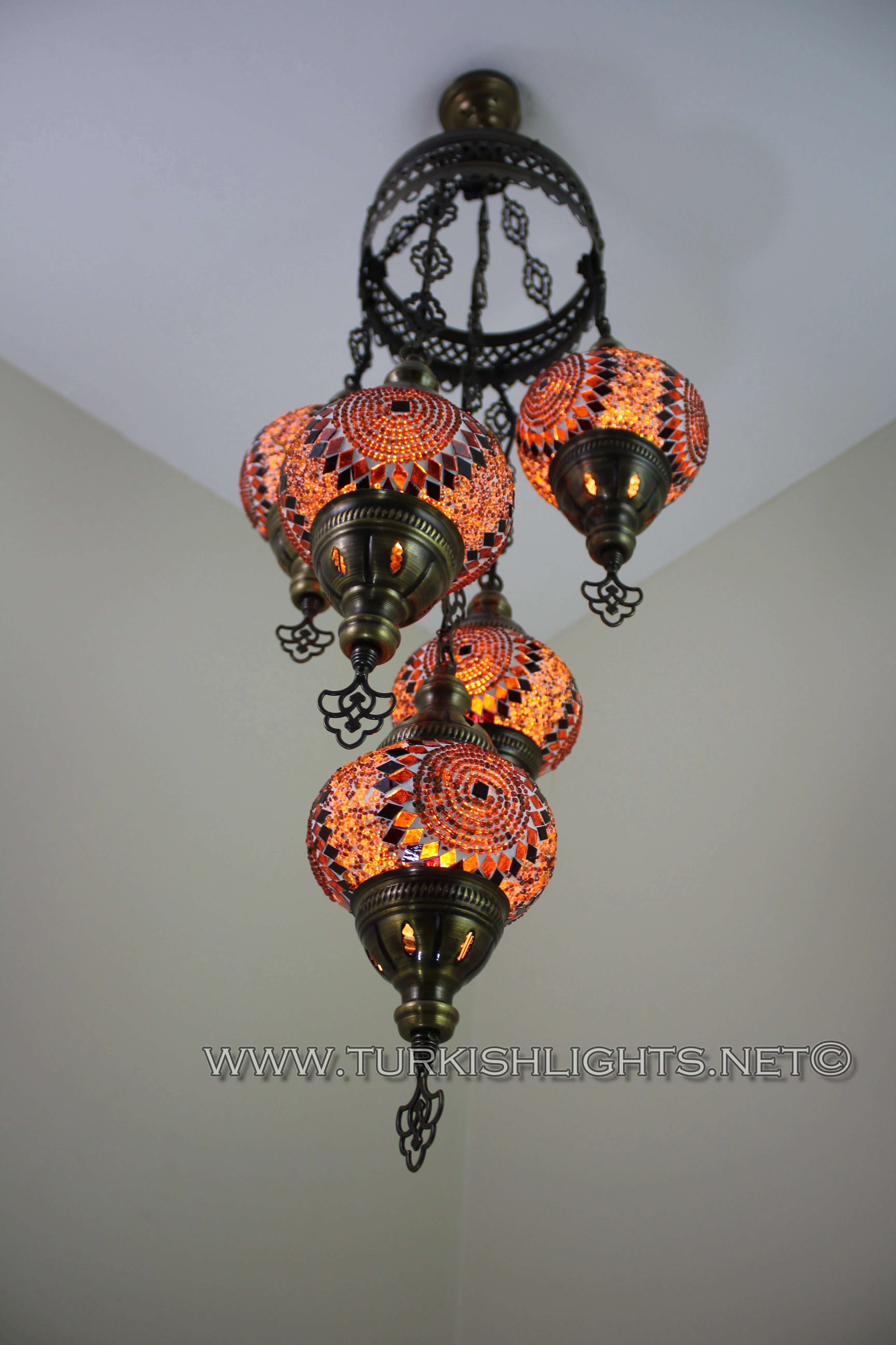 5 Ball Turkish Mosaic Chandelier - Handmade Sultan Design with Medium Globes, ID: S5M-12 - Image 8