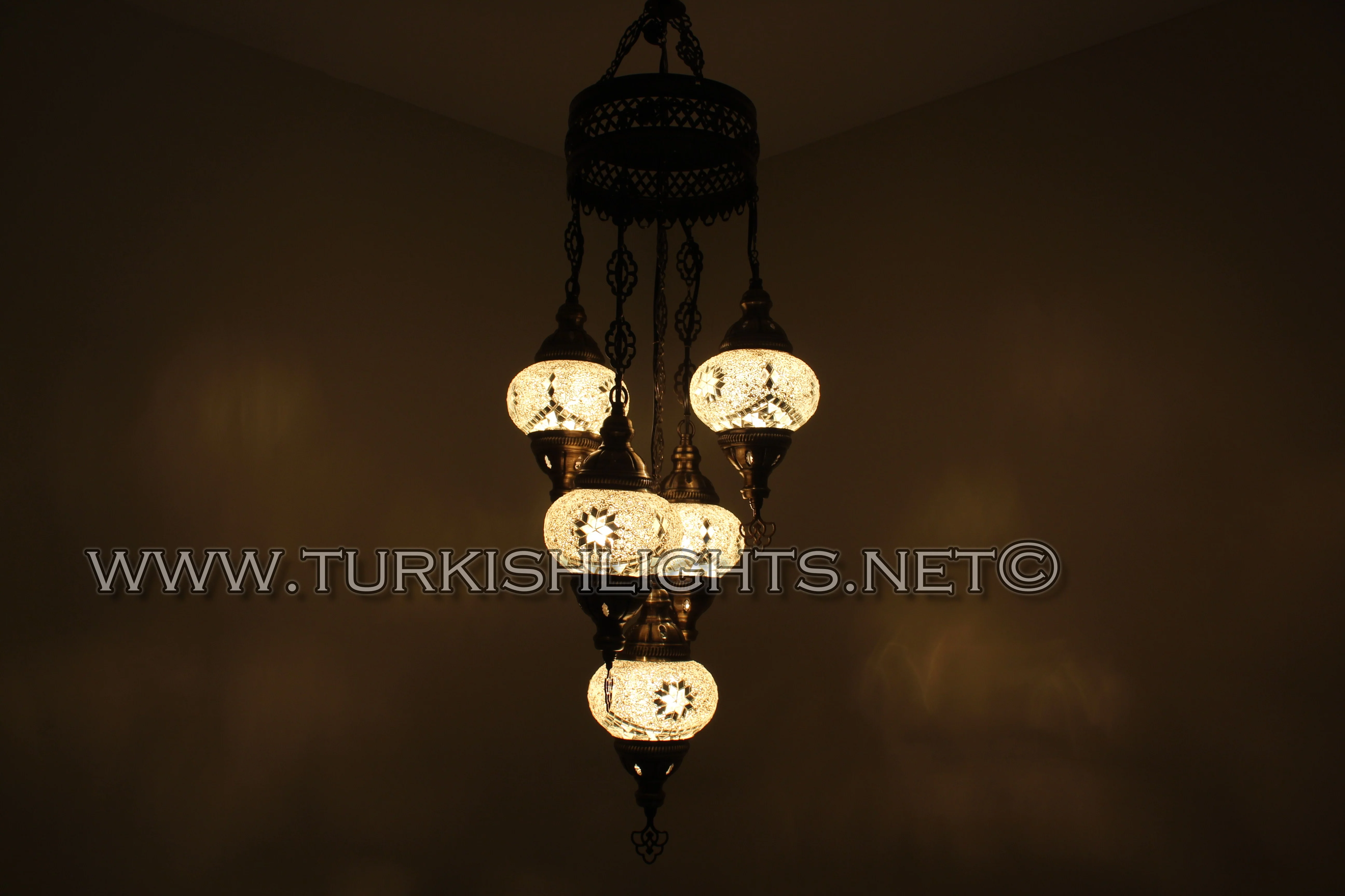 5 Ball Turkish Mosaic Chandelier - Handmade Sultan Design with Medium Globes, ID: S5M-3 - Image 3