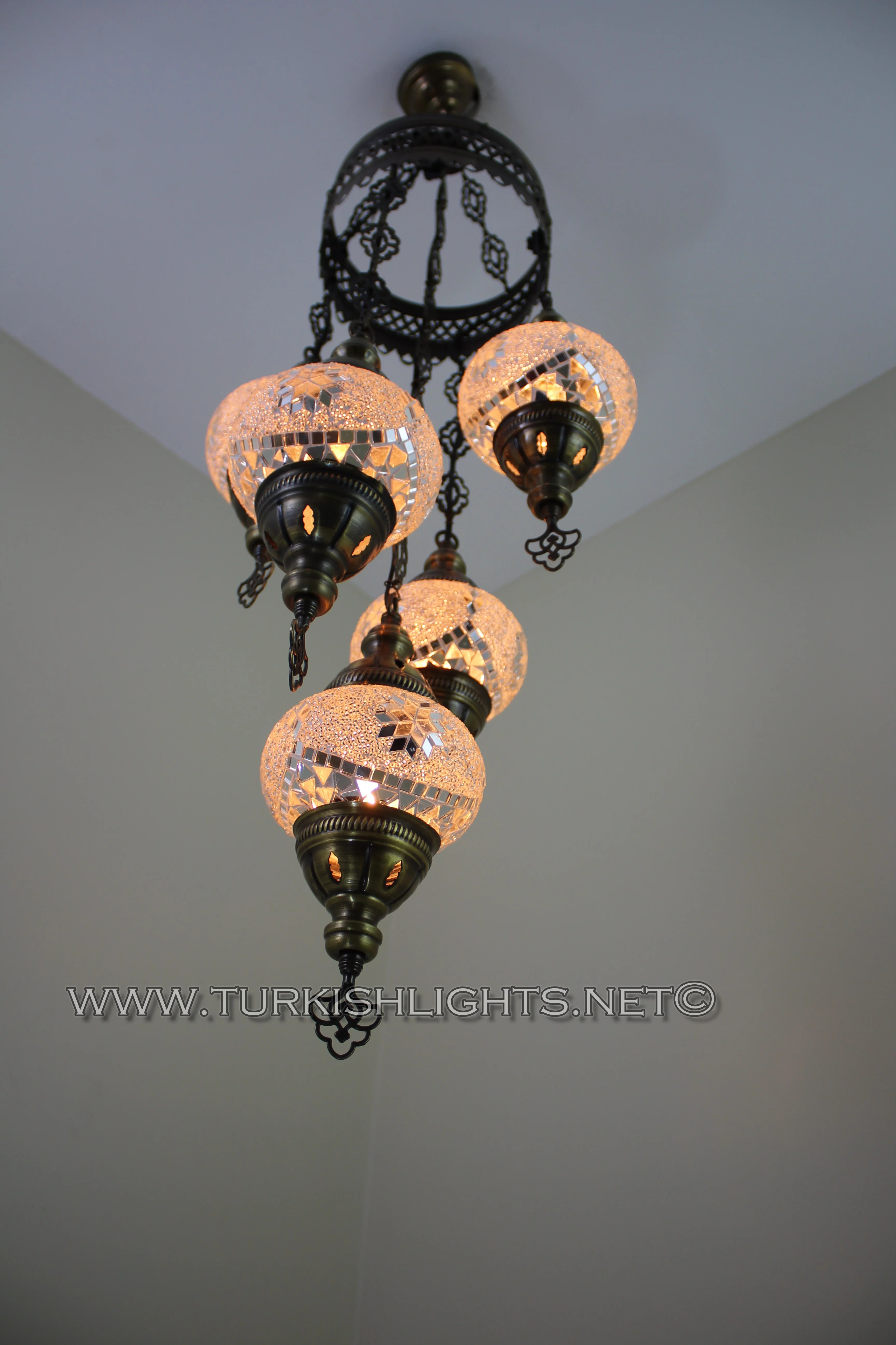 5 Ball Turkish Mosaic Chandelier - Handmade Sultan Design with Medium Globes, ID: S5M-3 - Image 7