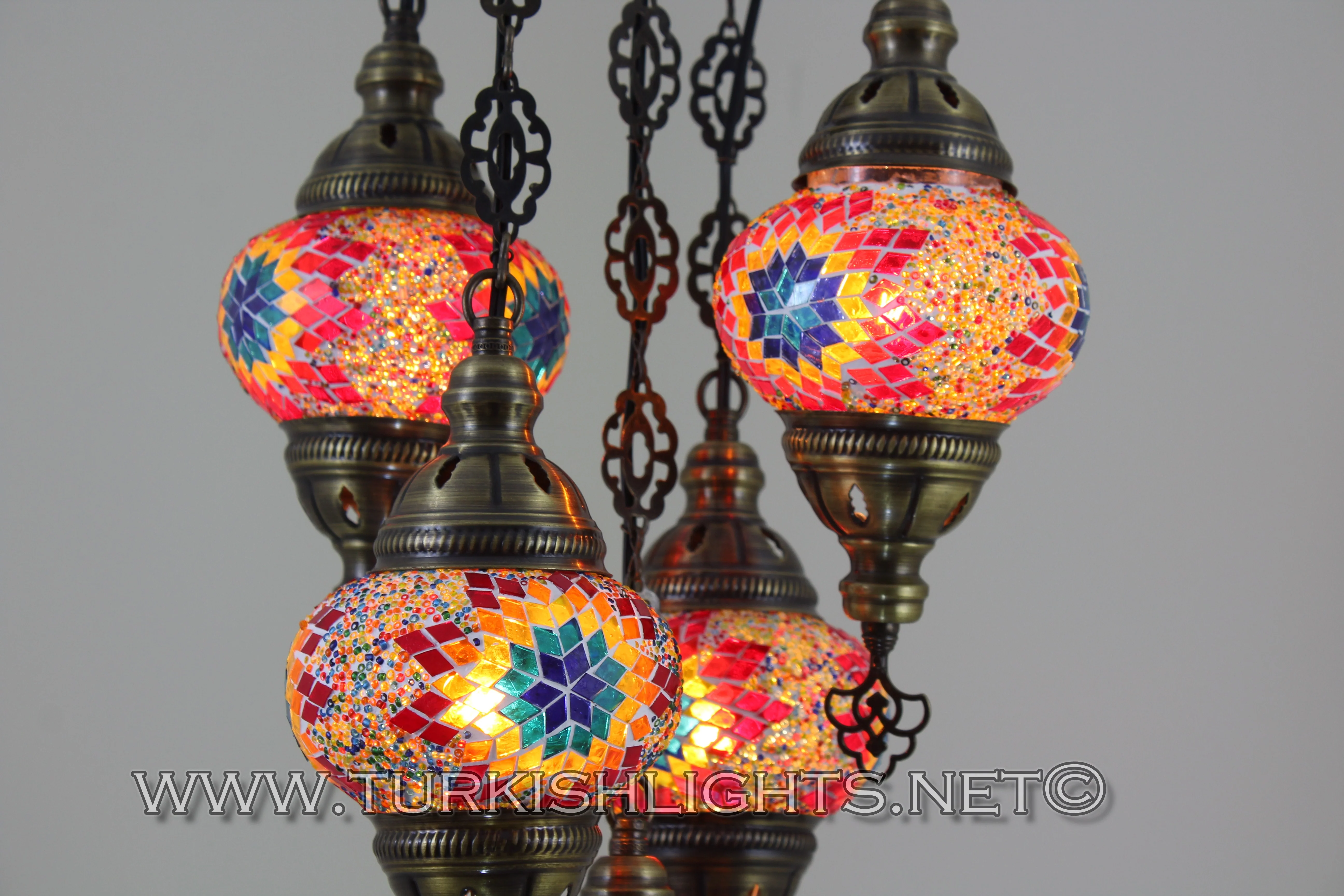 5 Ball Turkish Mosaic Chandelier - Handmade Sultan Design with Medium Globes, ID: S5M-4 - Image 4