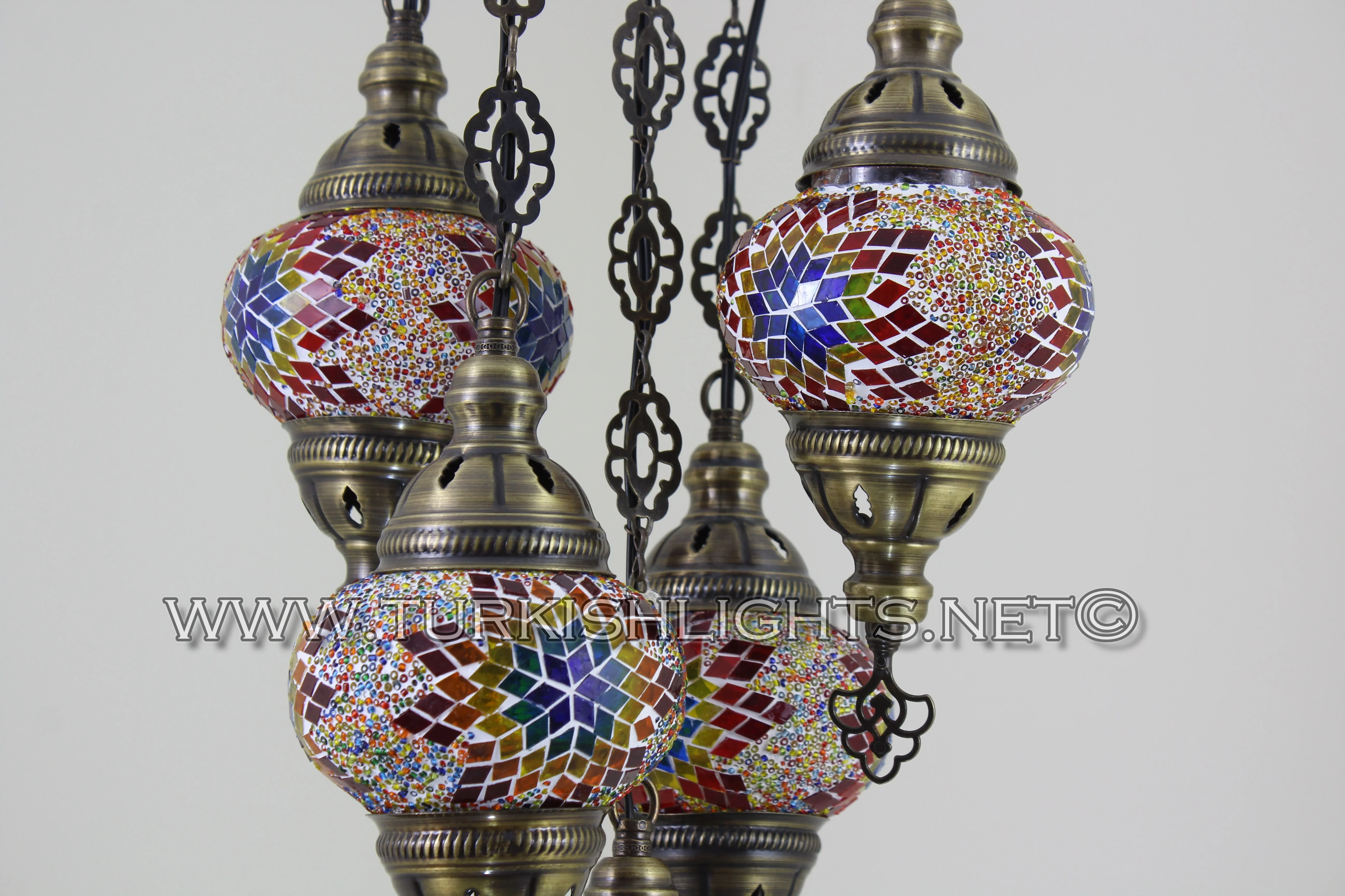 5 Ball Turkish Mosaic Chandelier - Handmade Sultan Design with Medium Globes, ID: S5M-4 - Image 5