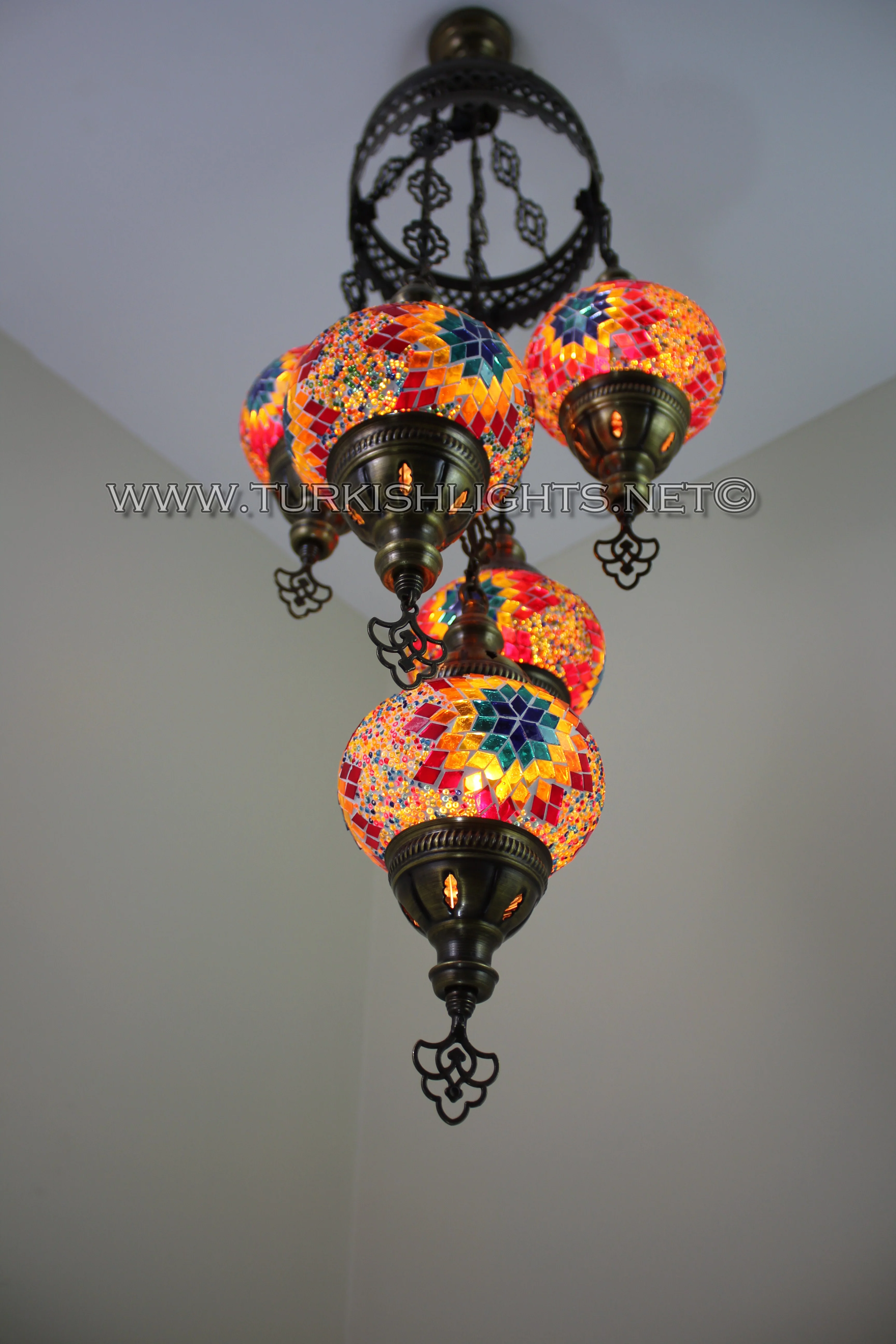 5 Ball Turkish Mosaic Chandelier - Handmade Sultan Design with Medium Globes, ID: S5M-4 - Image 8
