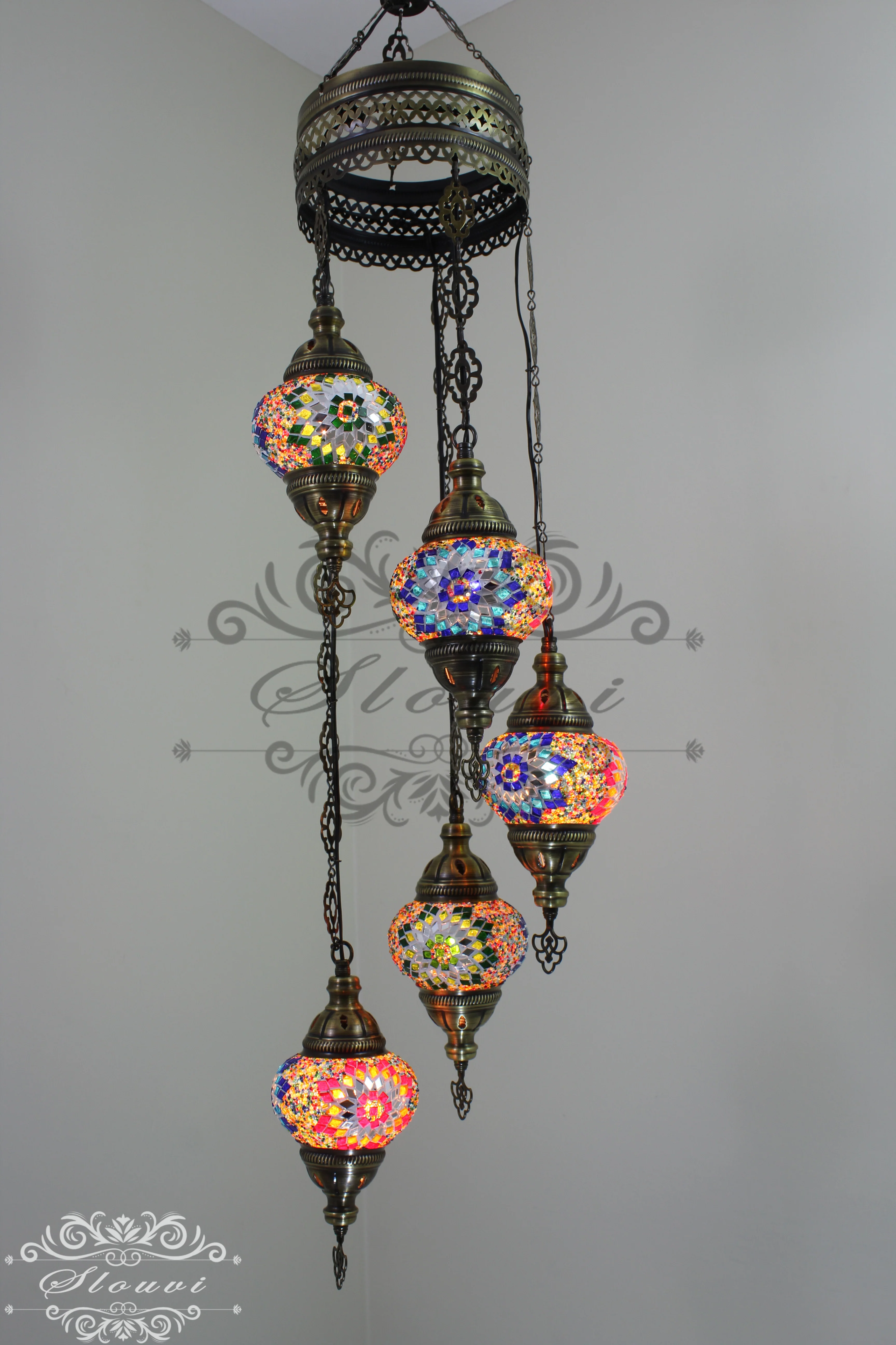 5 Ball Turkish Mosaic Chandelier - Water Drop Design with Medium Globes, ID: H05M-12 - Image 3
