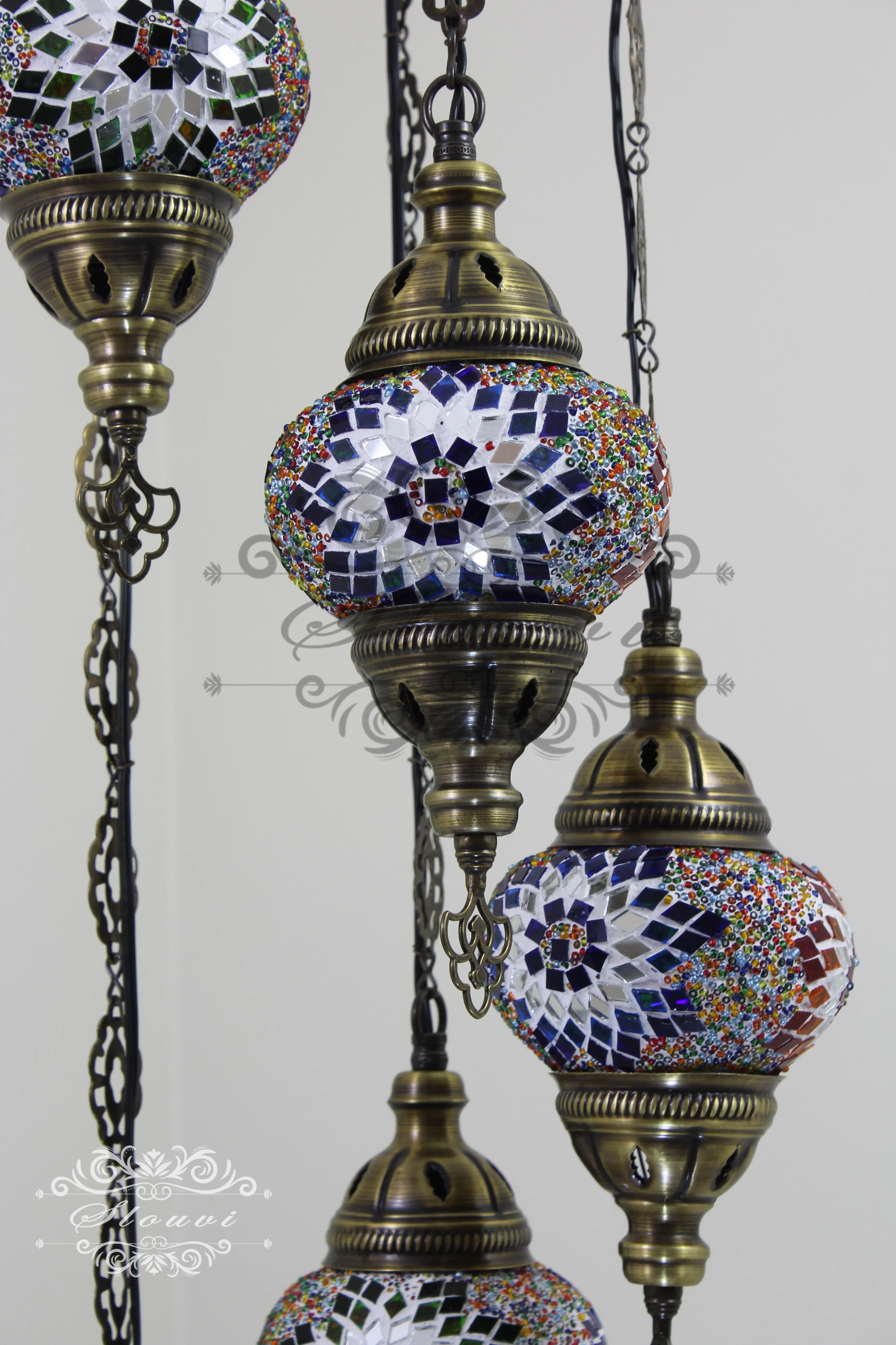 5 Ball Turkish Mosaic Chandelier - Water Drop Design with Medium Globes, ID: H05M-12 - Image 6