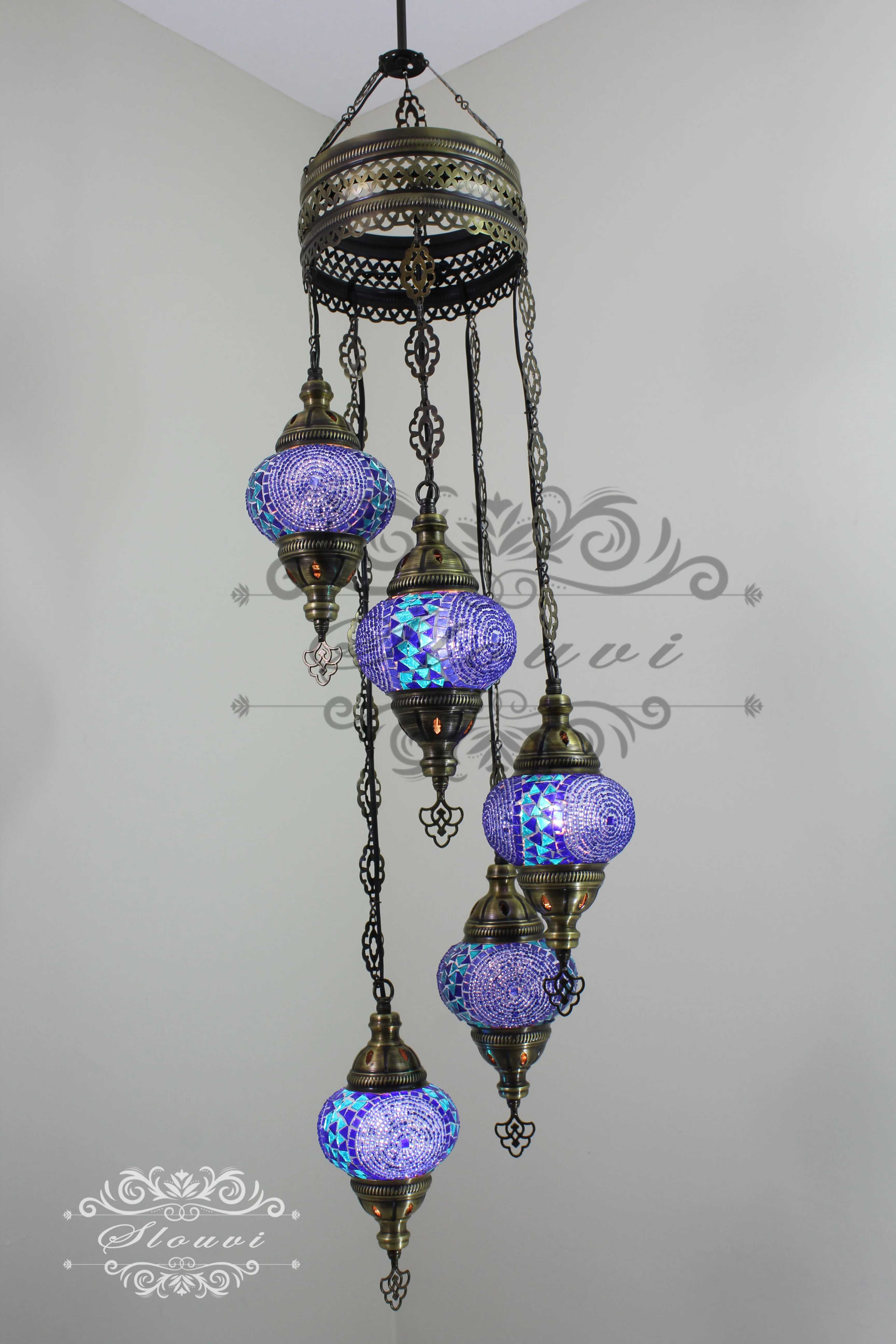 5 Ball Turkish Mosaic Chandelier - Water Drop Design with Medium Globes, ID: H05M-10 - Image 4