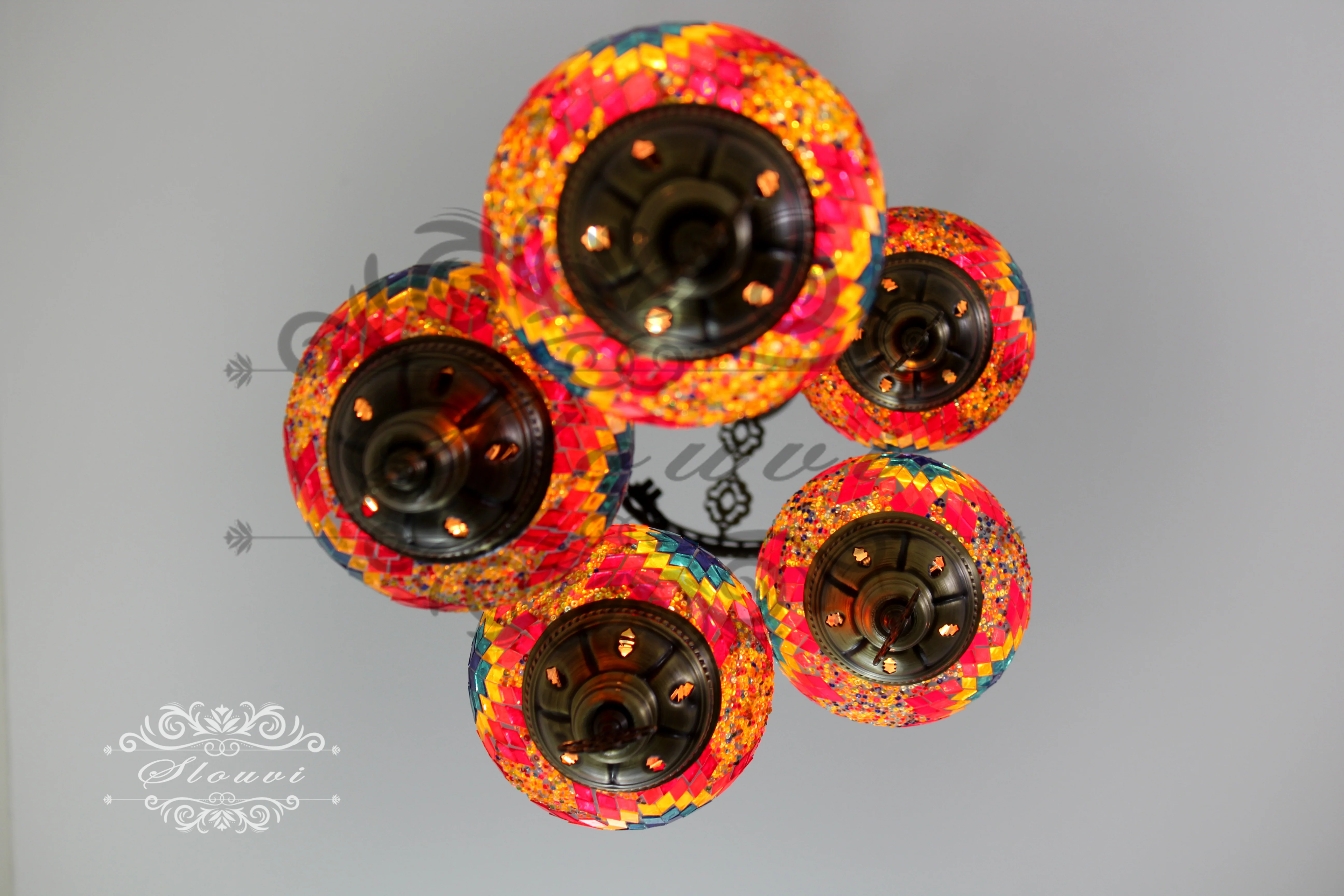 5 Ball Turkish Mosaic Chandelier - Water Drop Design with Medium Globes, ID: H05M-9 - Image 5