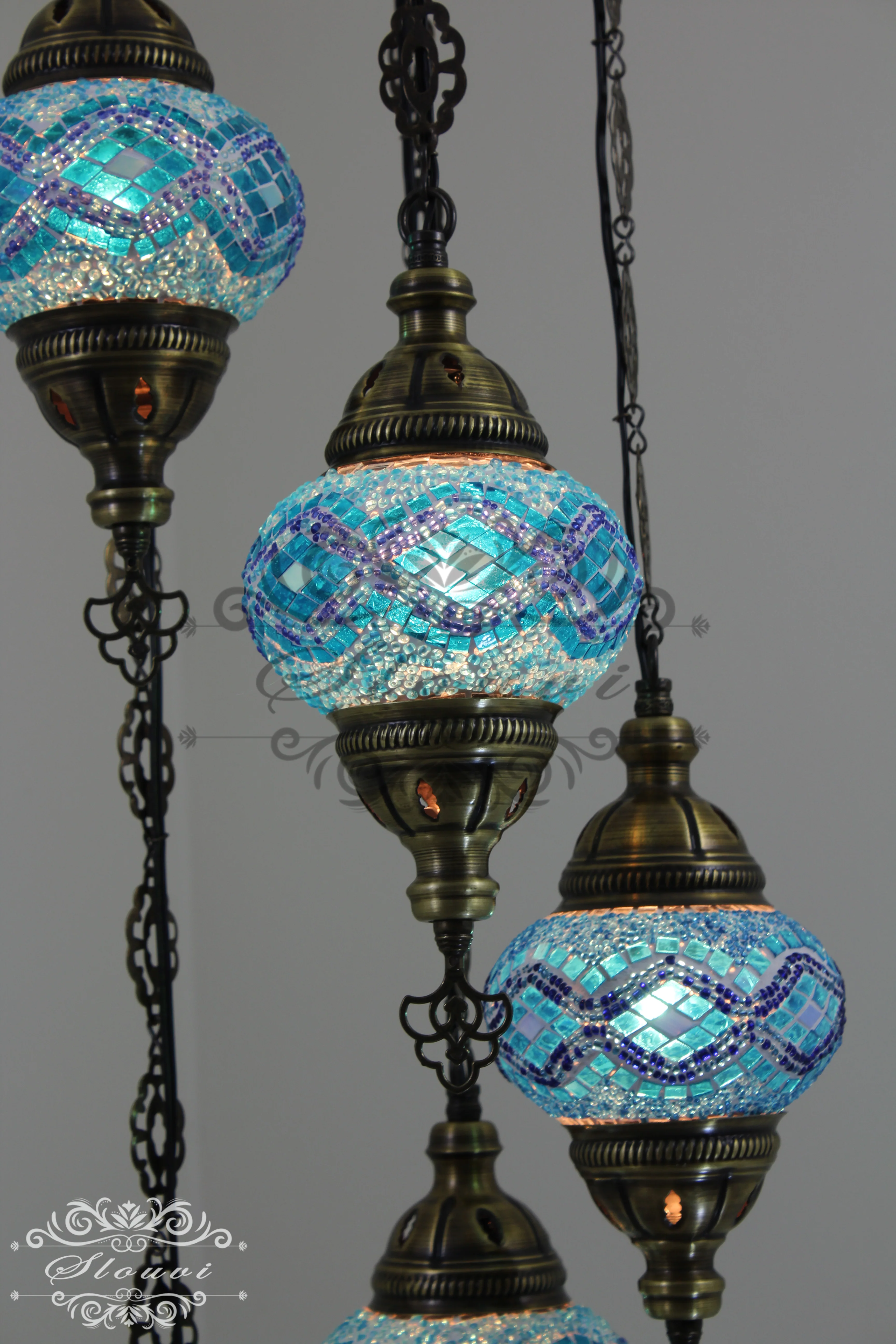 5 Ball Turkish Mosaic Chandelier - Water Drop Design with Medium Globes, ID: H05M-8 - Image 4