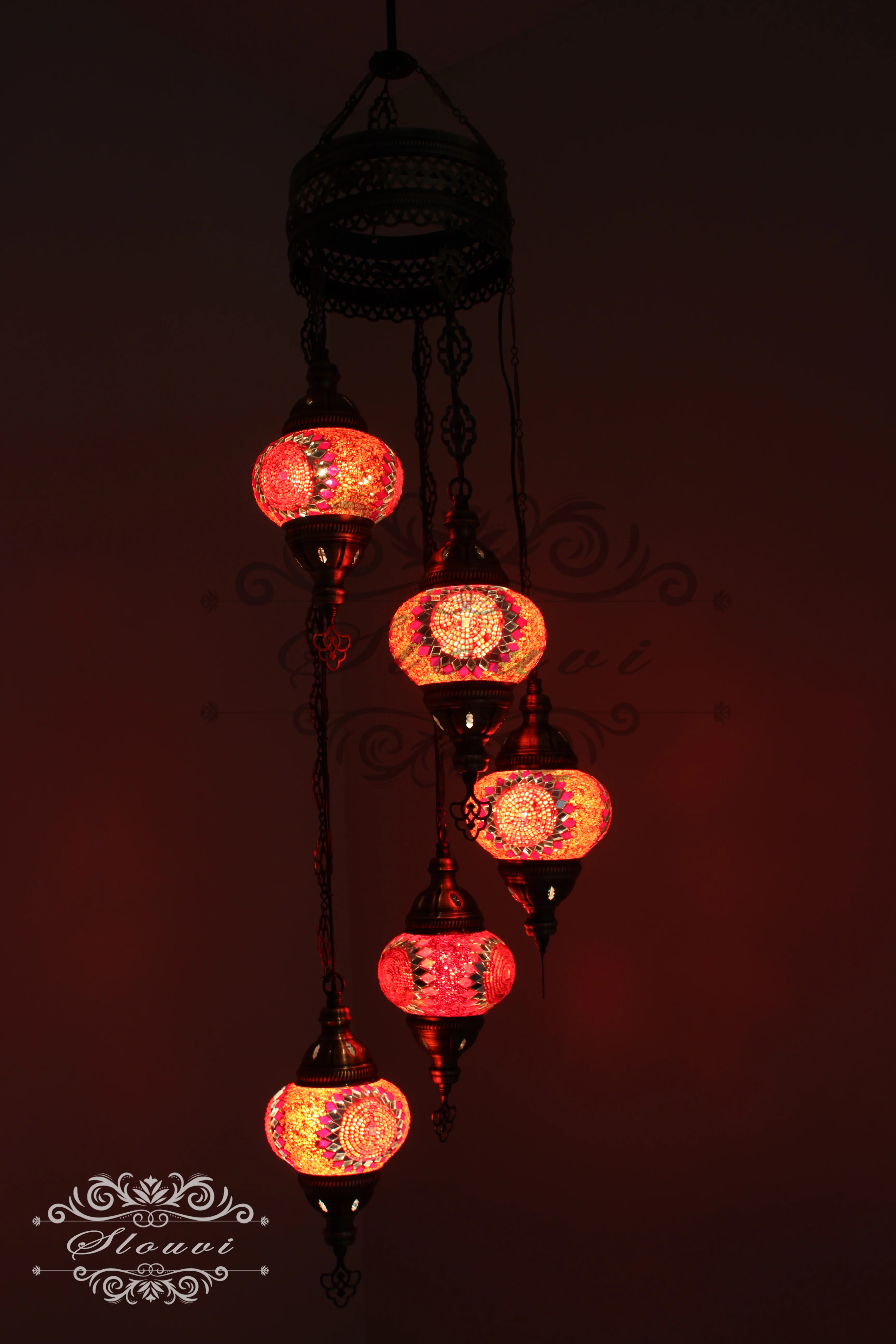 5 Ball Turkish Mosaic Chandelier - Water Drop Design with Medium Globes, ID: H05M-5