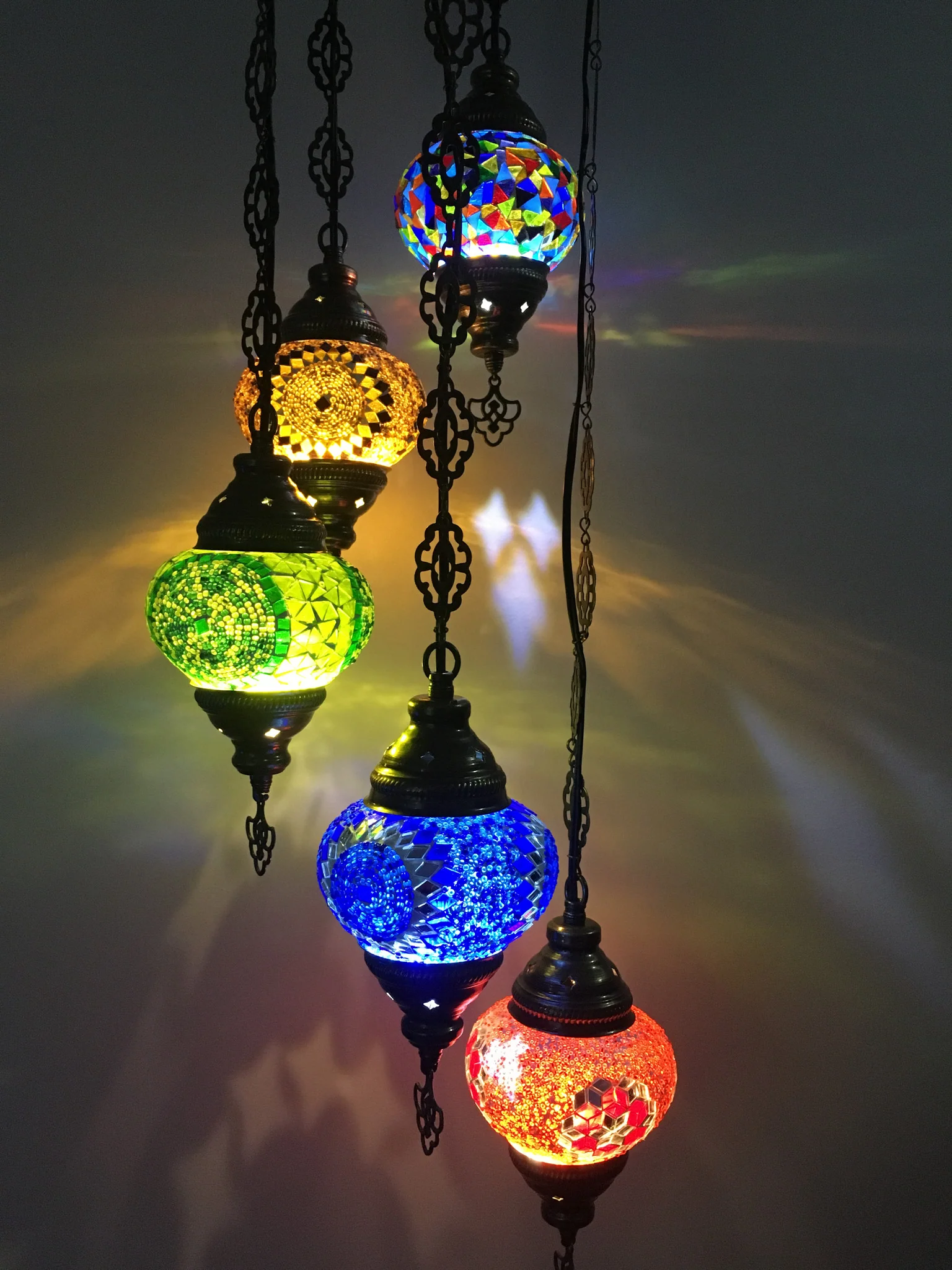 5 Ball Turkish Mosaic Chandelier - Water Drop Design with Medium Globes, ID: H05M-14 - Image 4