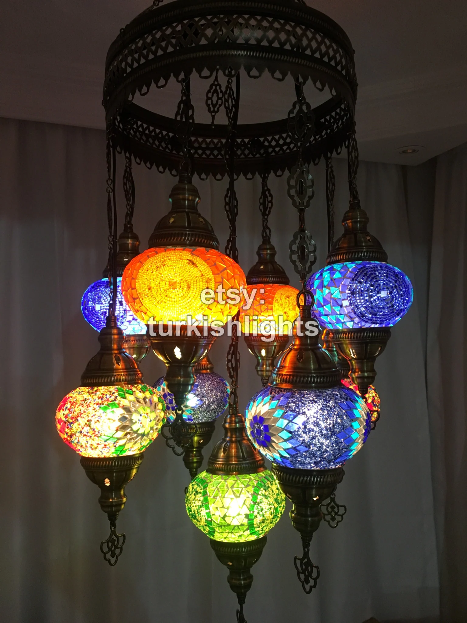 9-Ball Turkish Sultan Mosaic Chandelier - Handmade Medium Globes | ID: 9SM-A - Image 12