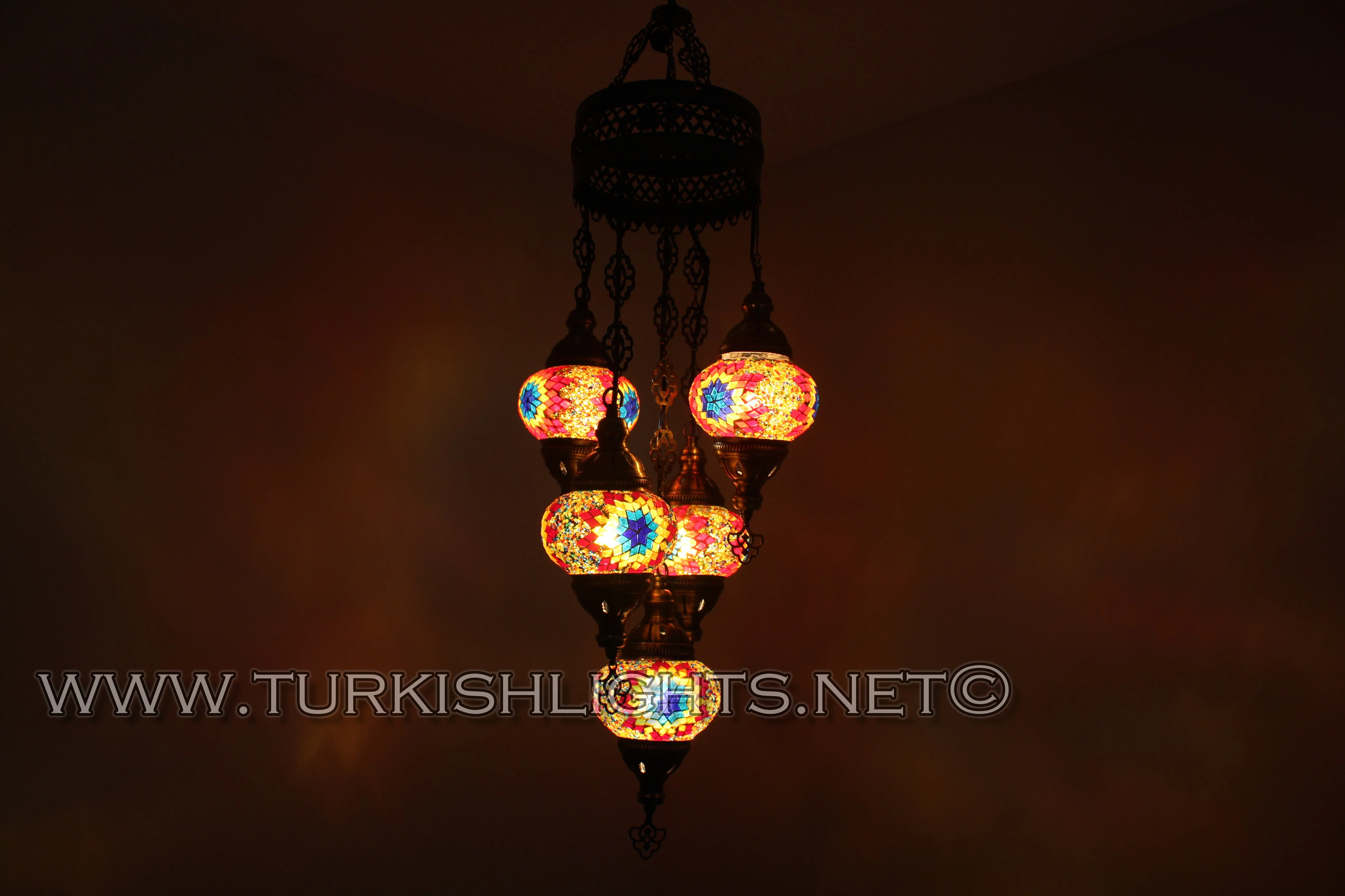 5 Ball Turkish Mosaic Chandelier - Handmade Sultan Design with Medium Globes, ID: S5M-13 - Image 3