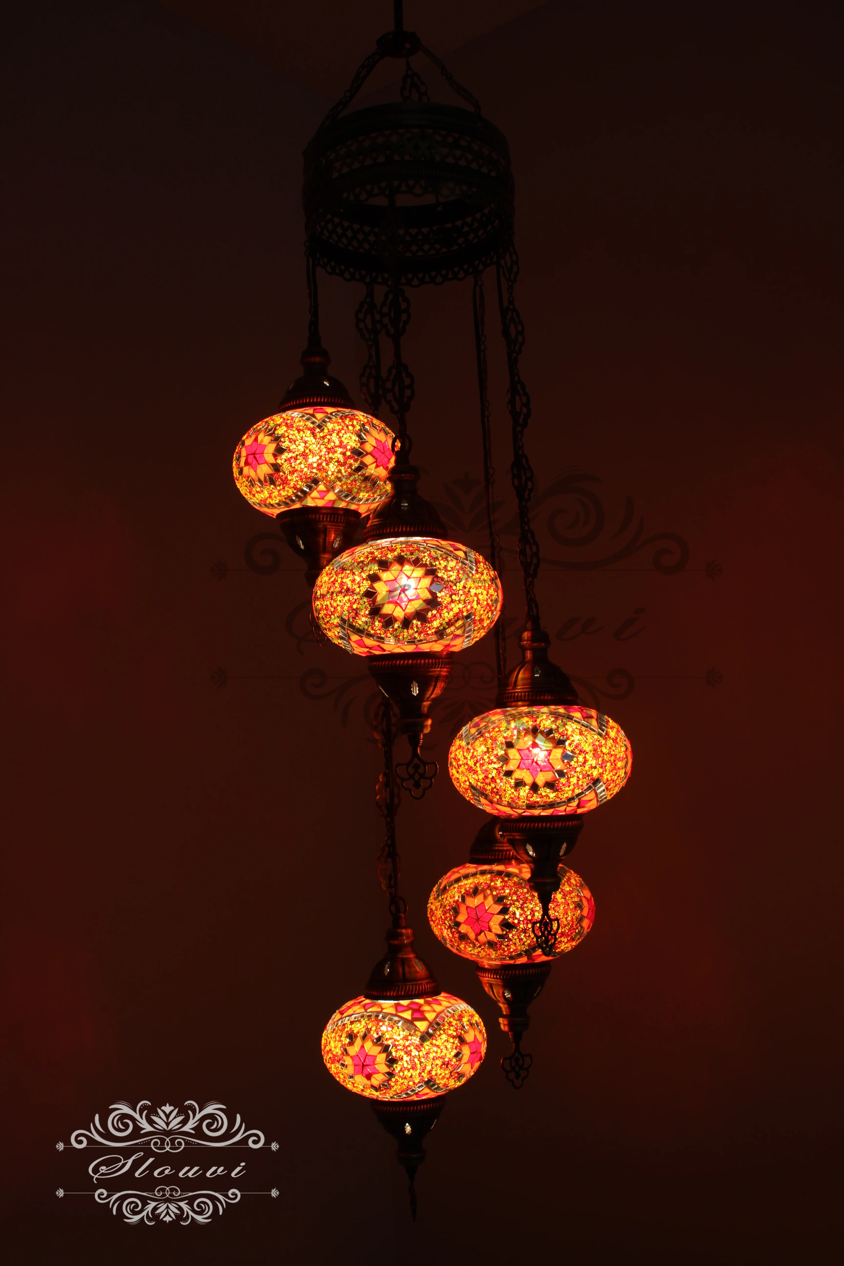 5 Ball Turkish Mosaic Chandelier - Water Drop Design with Large Globes, ID: H05L-9