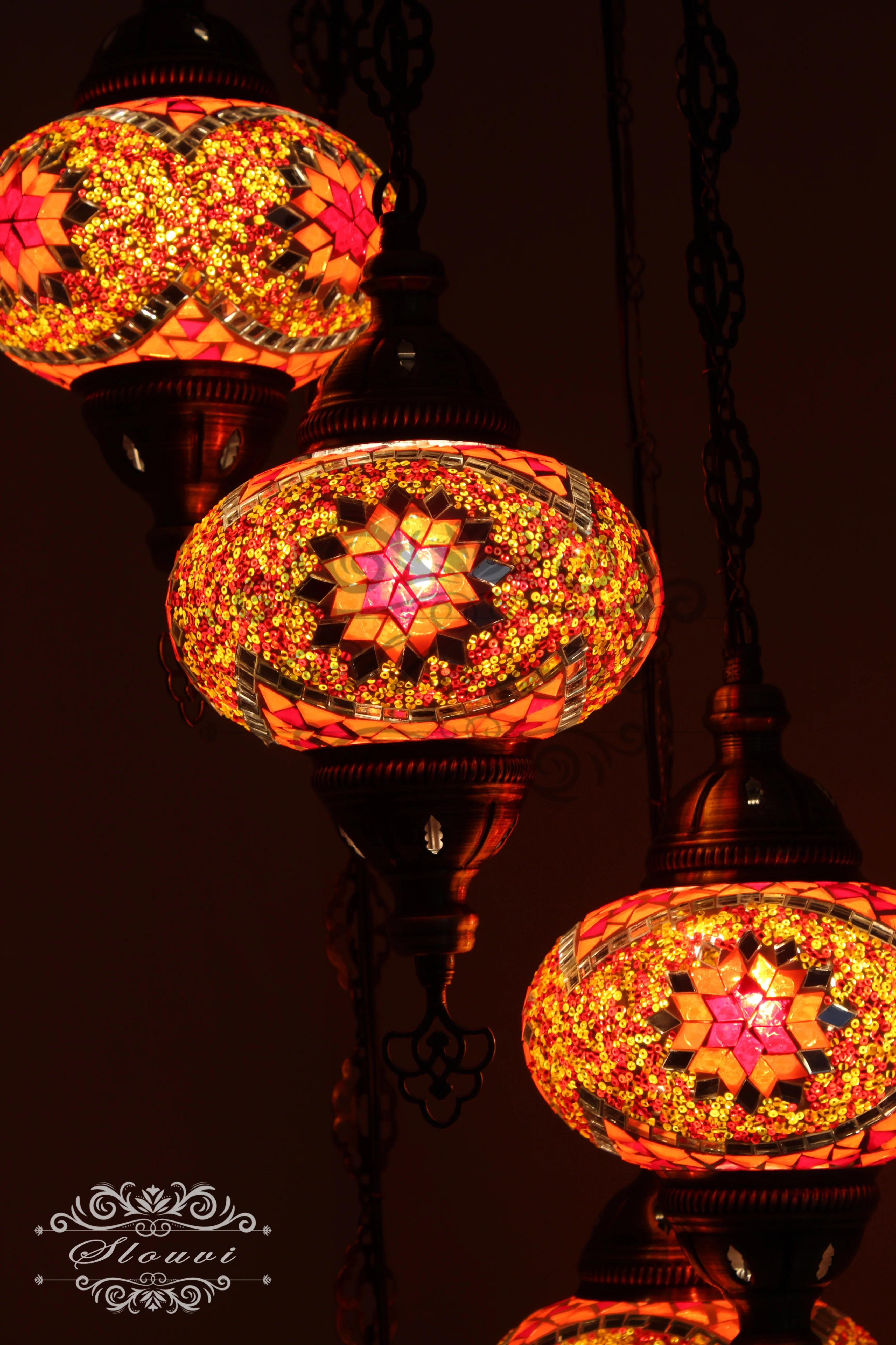 5 Ball Turkish Mosaic Chandelier - Water Drop Design with Large Globes, ID: H05L-9 - Image 2