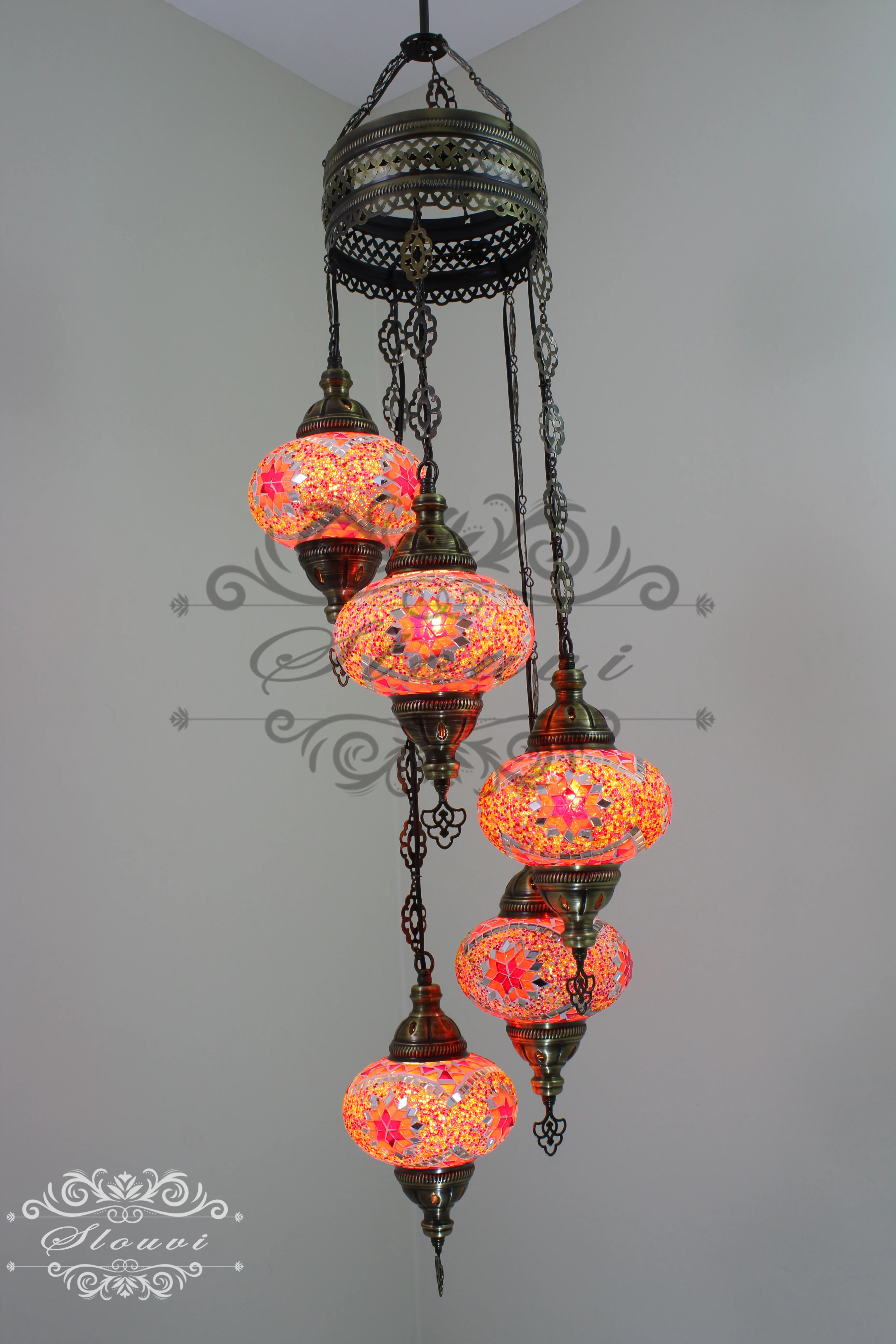 5 Ball Turkish Mosaic Chandelier - Water Drop Design with Large Globes, ID: H05L-9 - Image 3