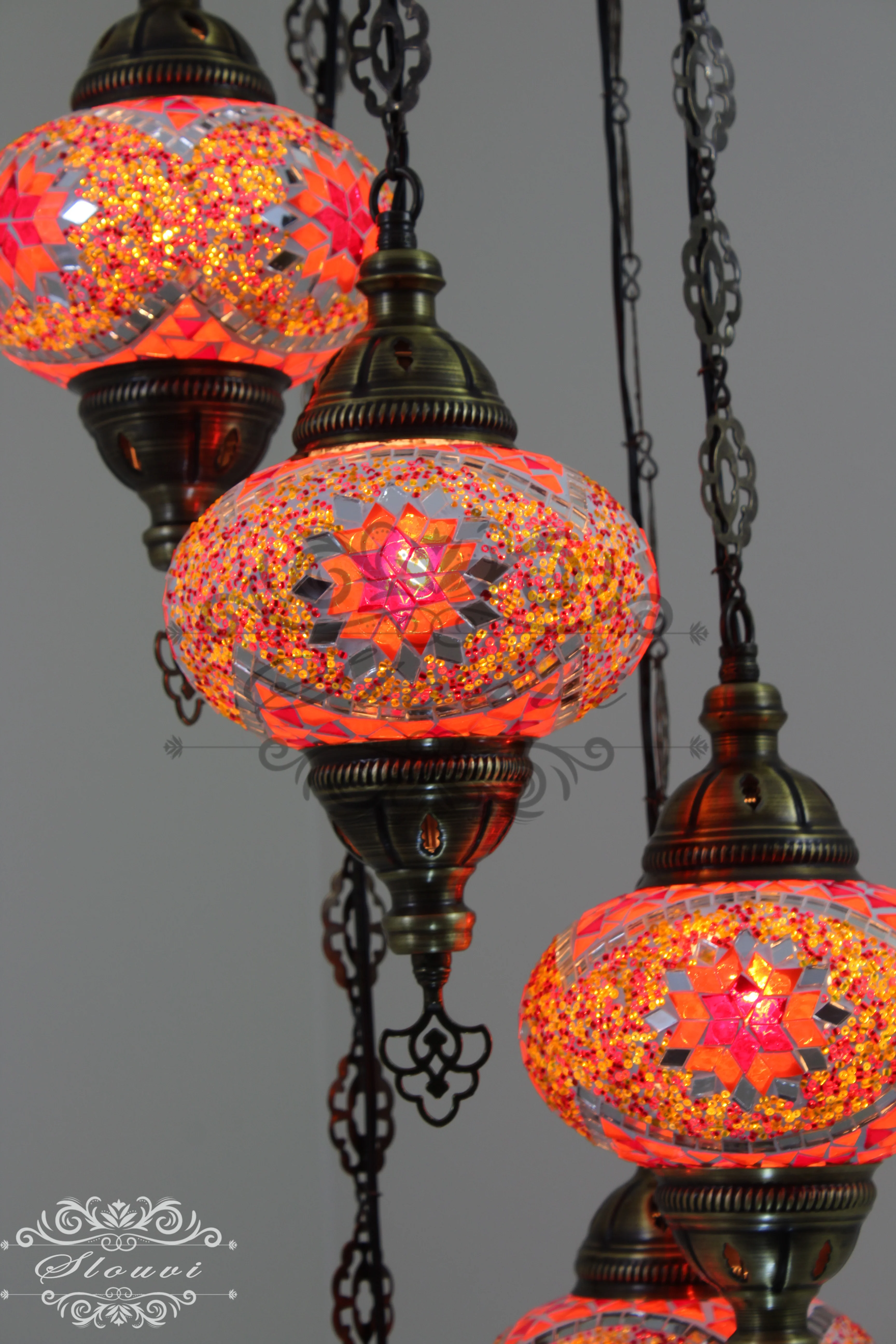 5 Ball Turkish Mosaic Chandelier - Water Drop Design with Large Globes, ID: H05L-9 - Image 4
