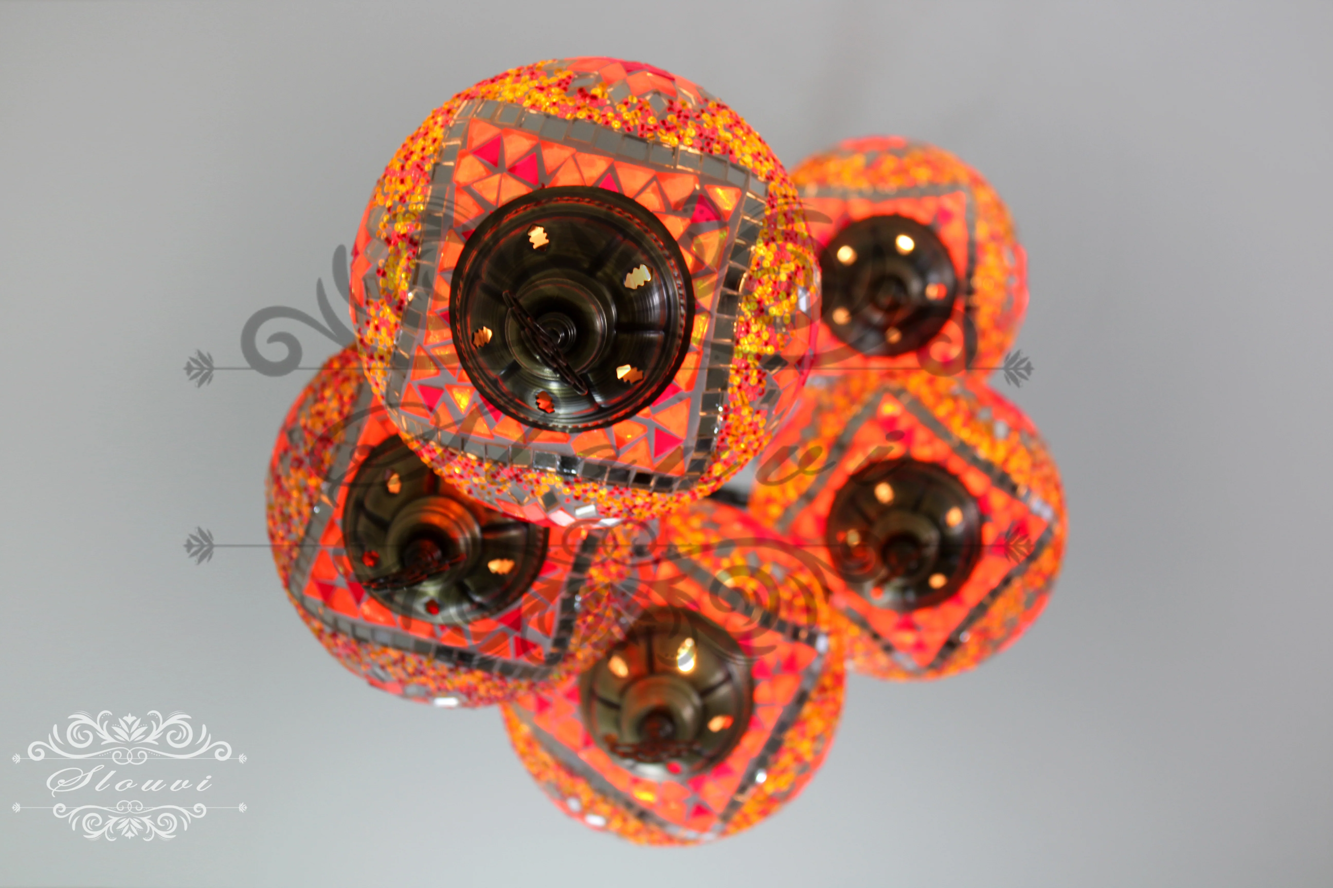 5 Ball Turkish Mosaic Chandelier - Water Drop Design with Large Globes, ID: H05L-9 - Image 5