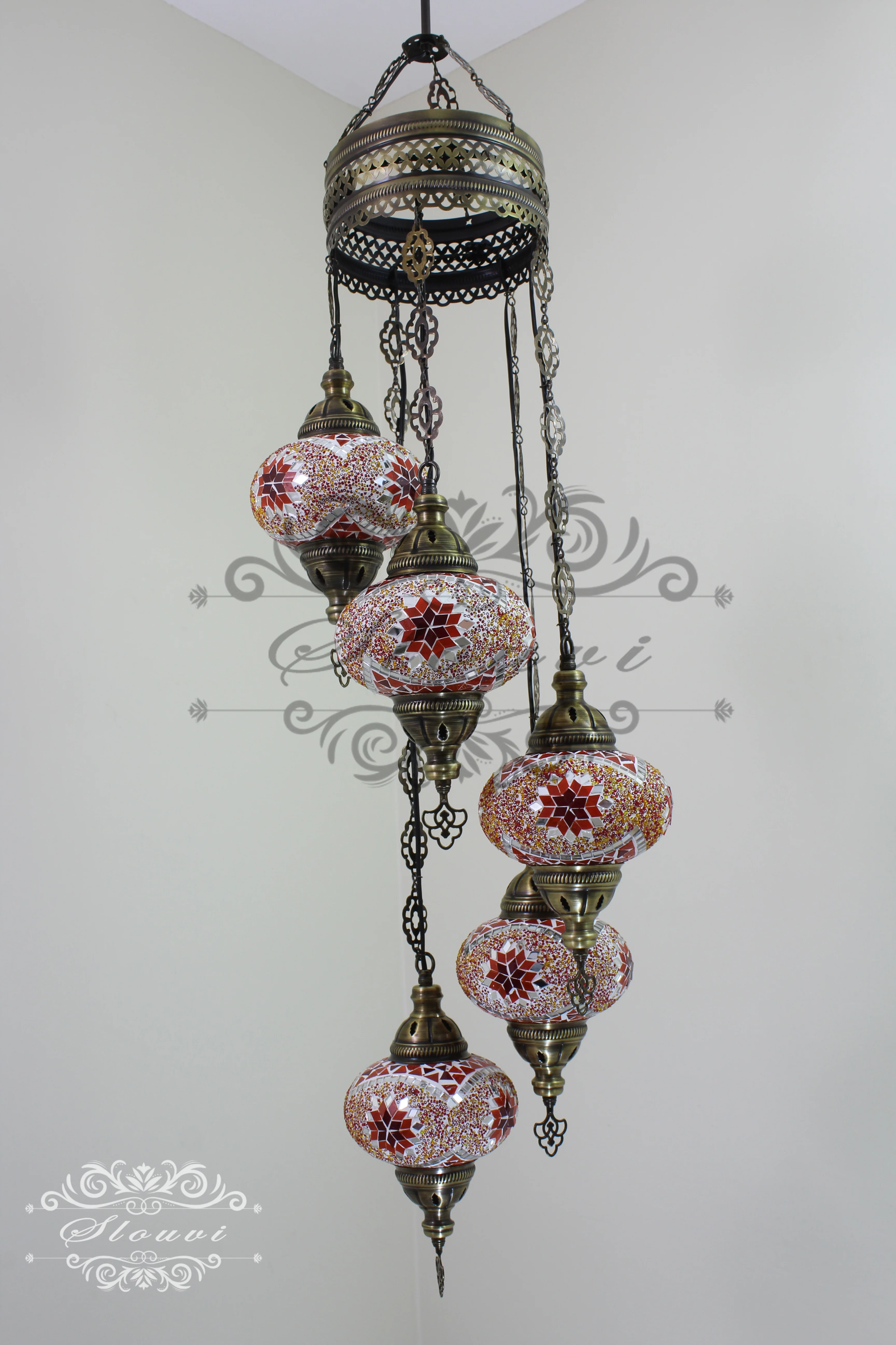 5 Ball Turkish Mosaic Chandelier - Water Drop Design with Large Globes, ID: H05L-9 - Image 7