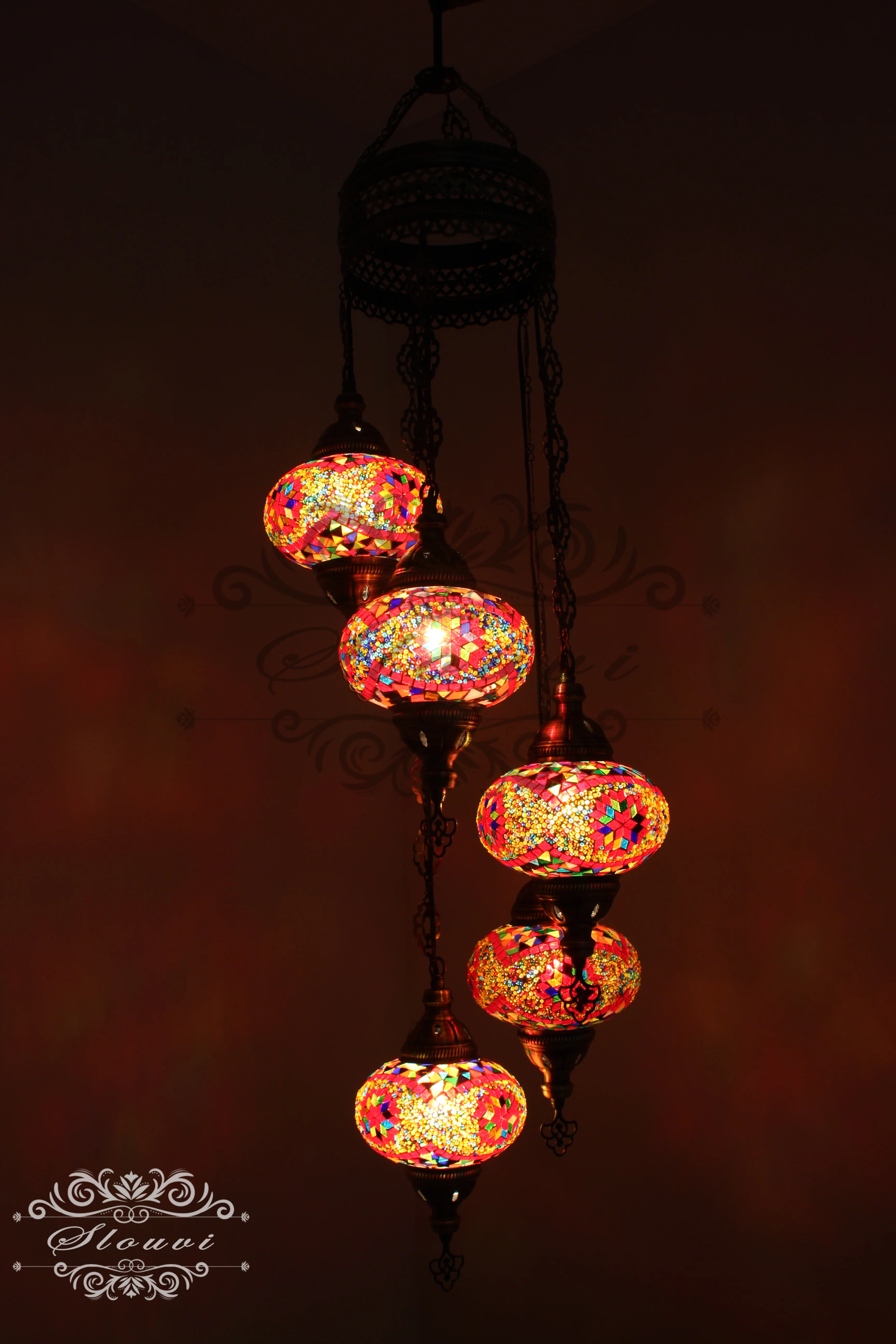 5 Ball Turkish Mosaic Chandelier - Water Drop Design with Large Globes, ID: H05L-8
