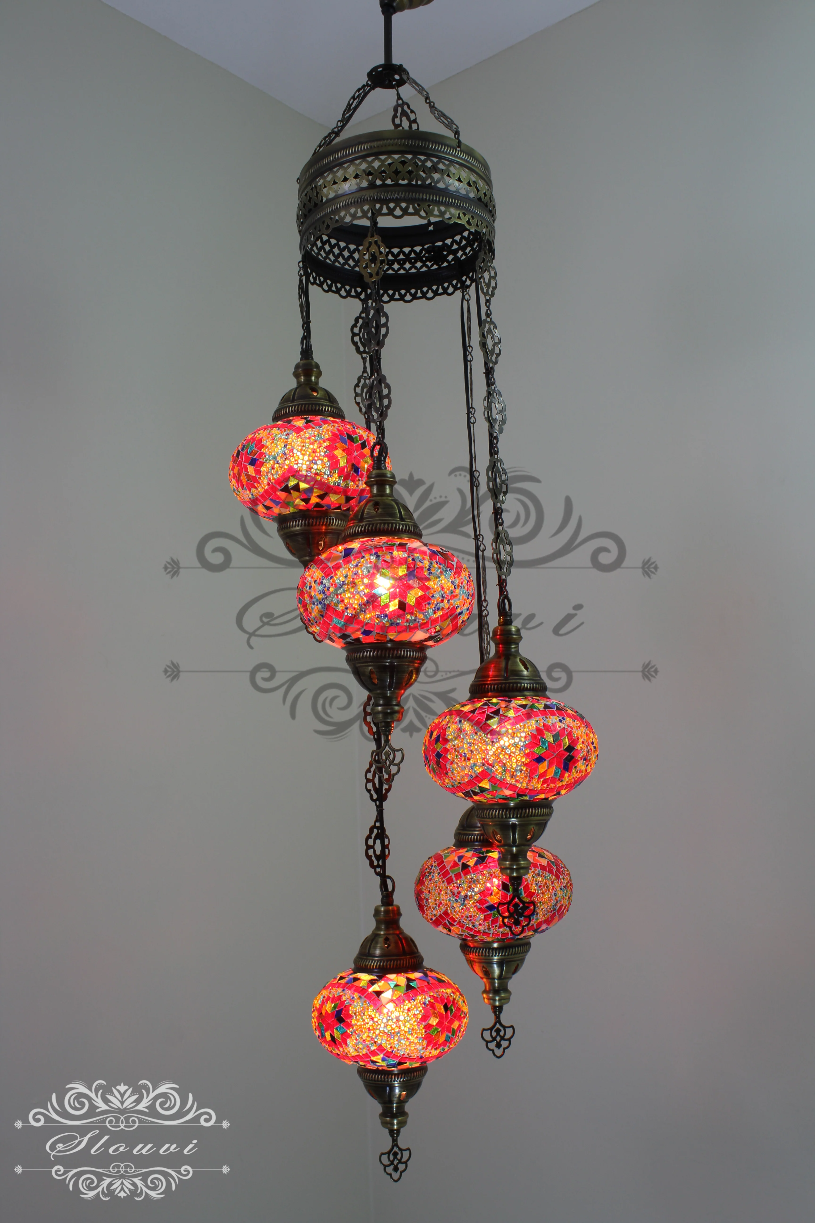 5 Ball Turkish Mosaic Chandelier - Water Drop Design with Large Globes, ID: H05L-8 - Image 3