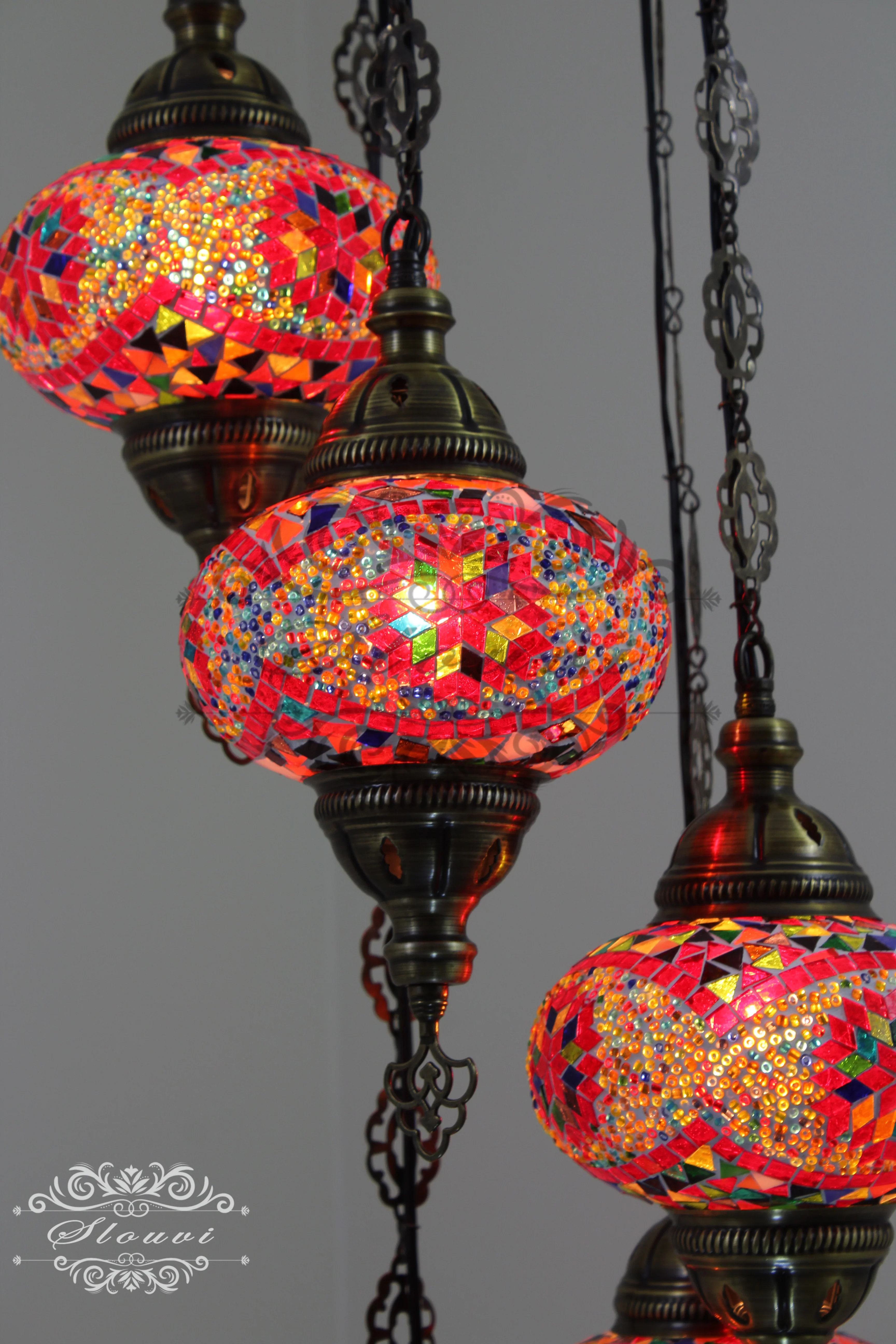 5 Ball Turkish Mosaic Chandelier - Water Drop Design with Large Globes, ID: H05L-8 - Image 4