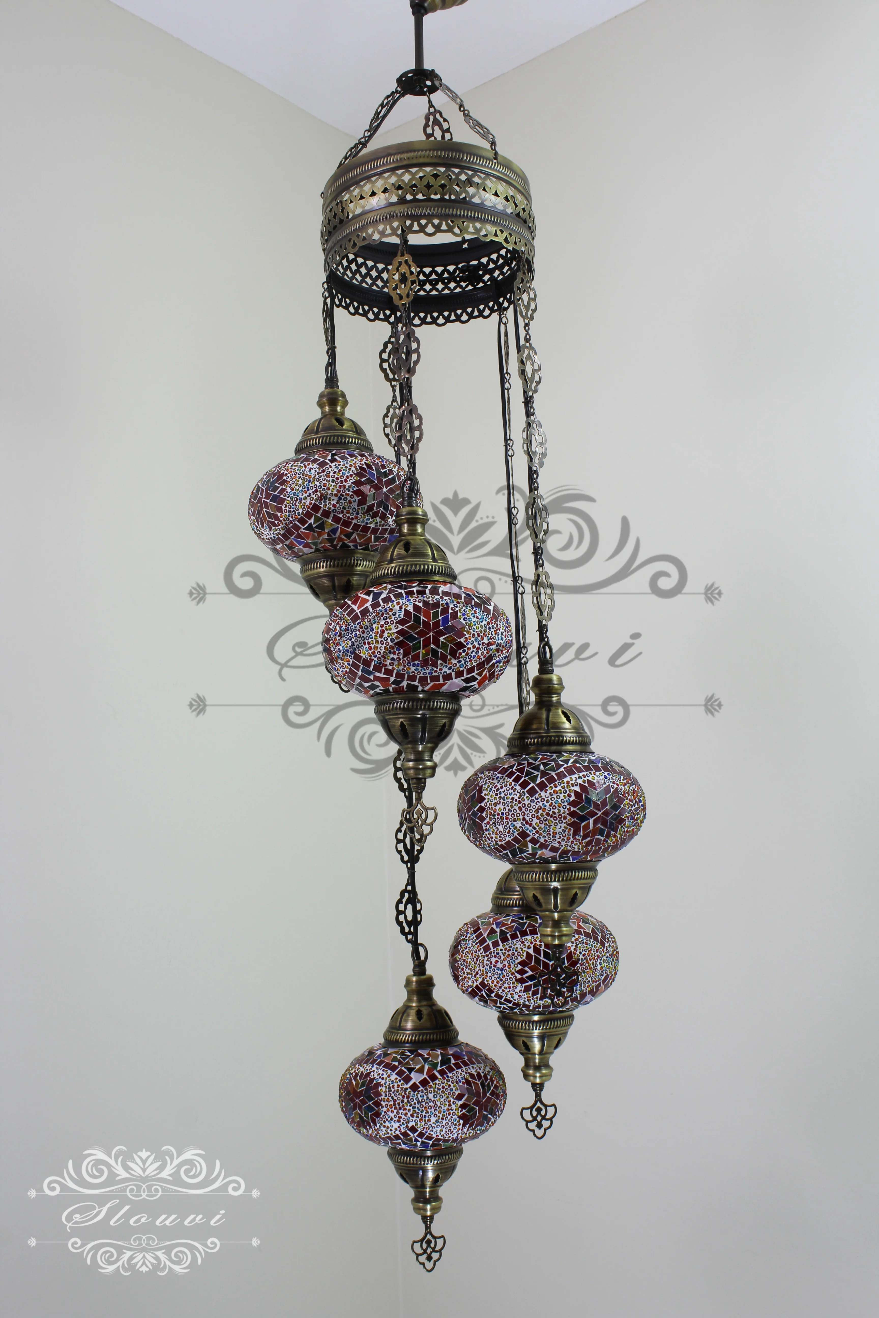 5 Ball Turkish Mosaic Chandelier - Water Drop Design with Large Globes, ID: H05L-8 - Image 7