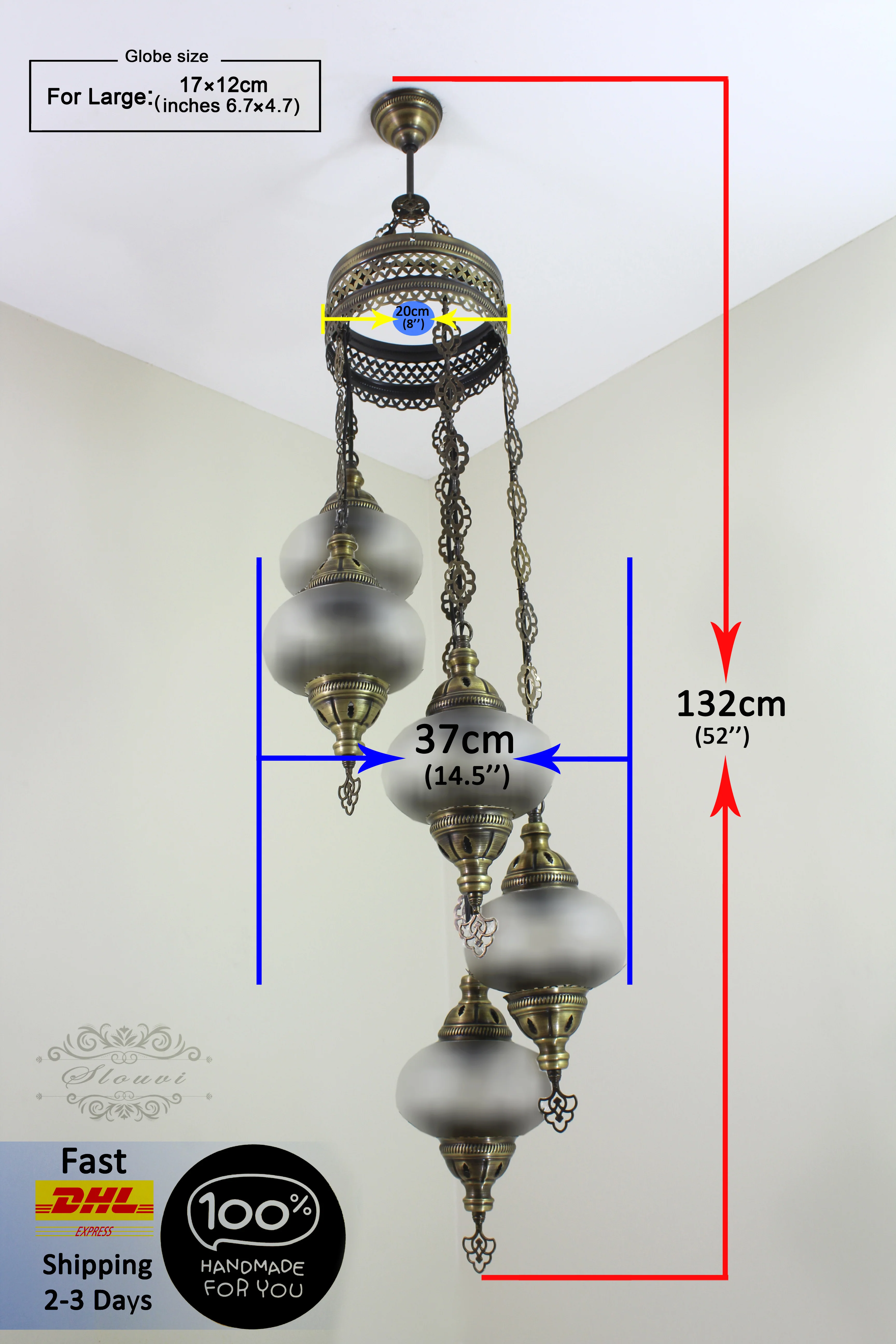 5 Ball Turkish Mosaic Chandelier - Water Drop Design with Large Globes, ID: H05L-8 - Image 8