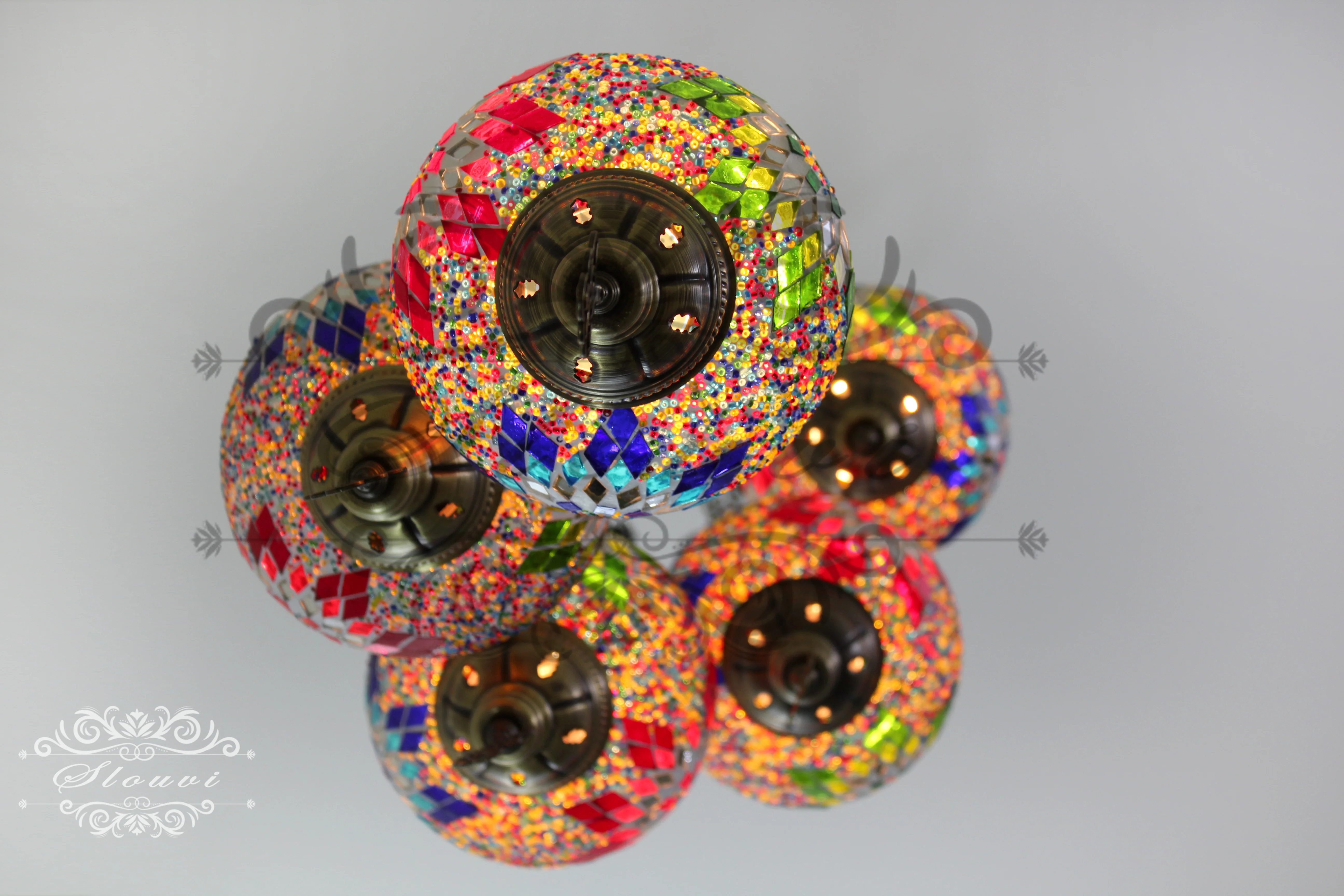 5 Ball Turkish Mosaic Chandelier - Water Drop Design with Large Globes, ID: H05L-7 - Image 4