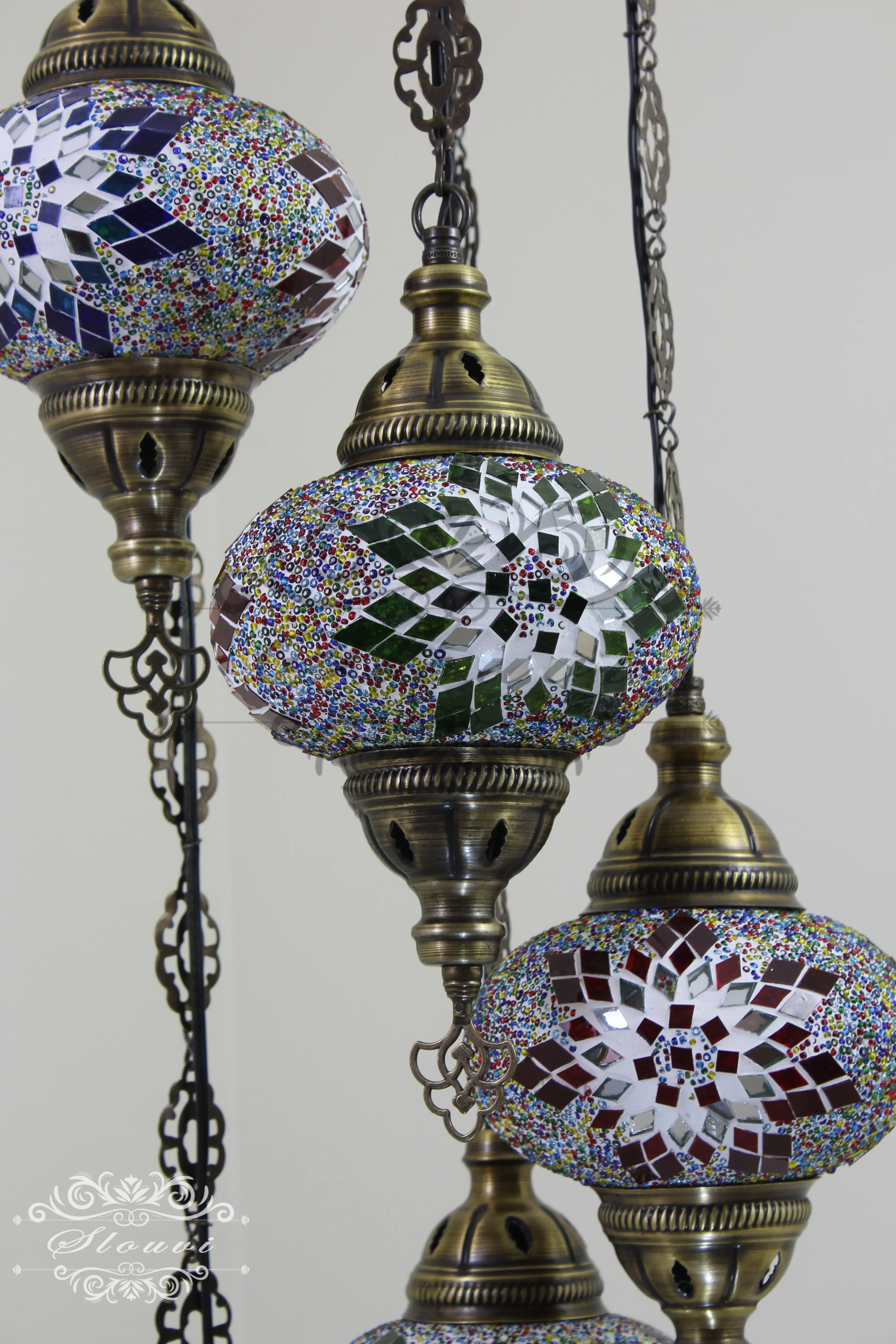 5 Ball Turkish Mosaic Chandelier - Water Drop Design with Large Globes, ID: H05L-7 - Image 7