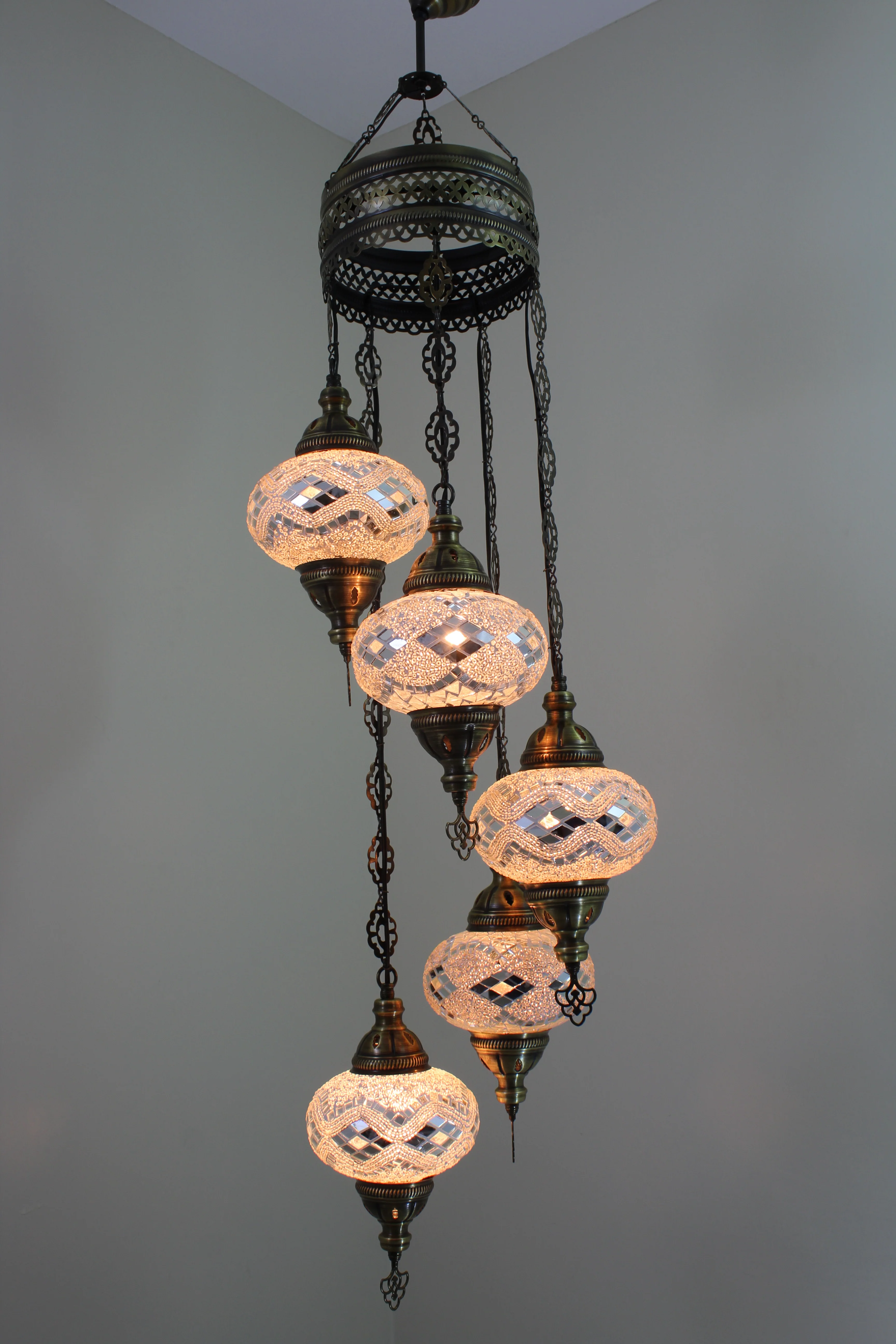 5 Ball Turkish Mosaic Chandelier - Water Drop Design with Large Globes, ID: H05L-4 - Image 2