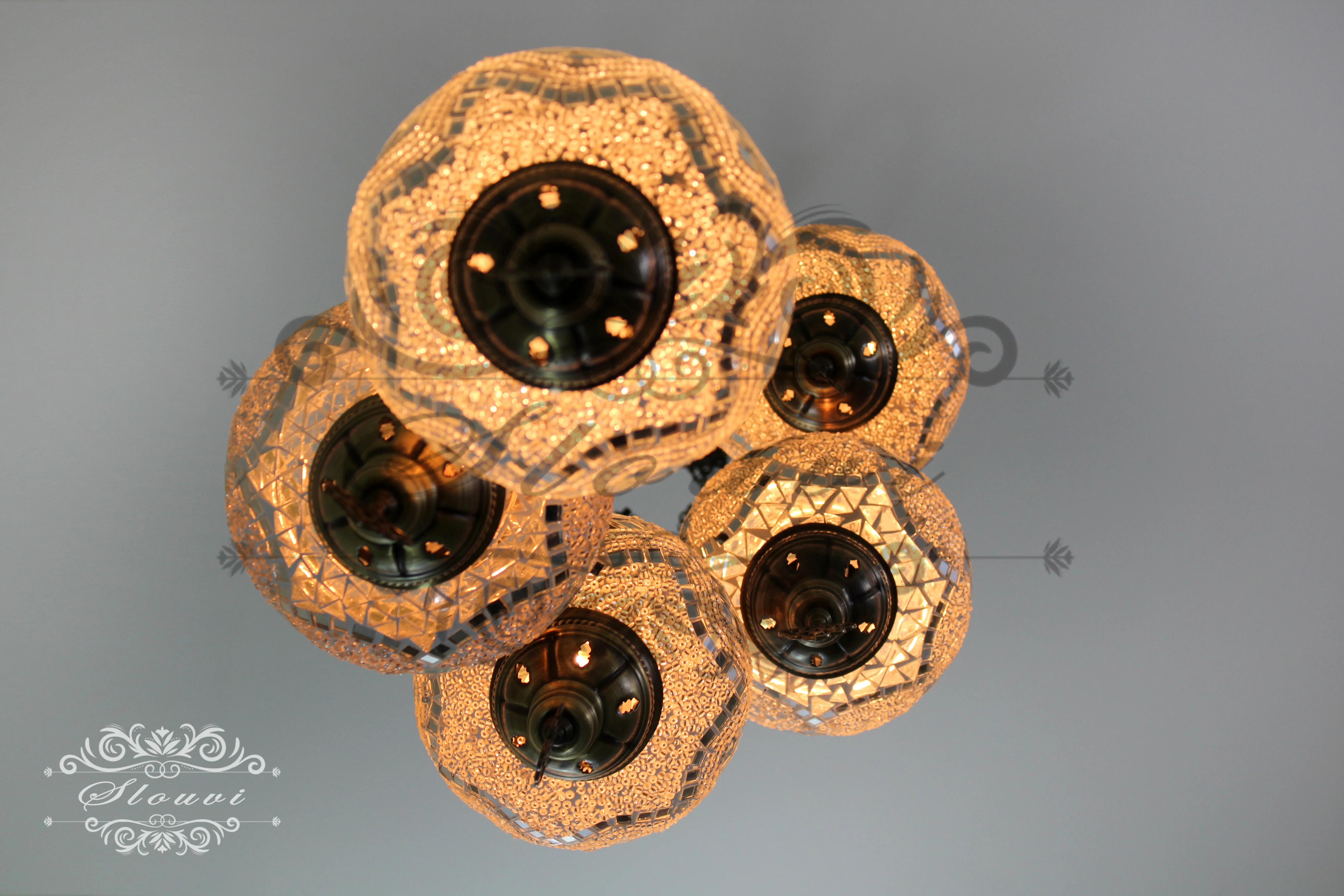 5 Ball Turkish Mosaic Chandelier - Water Drop Design with Large Globes, ID: H05L-4 - Image 4