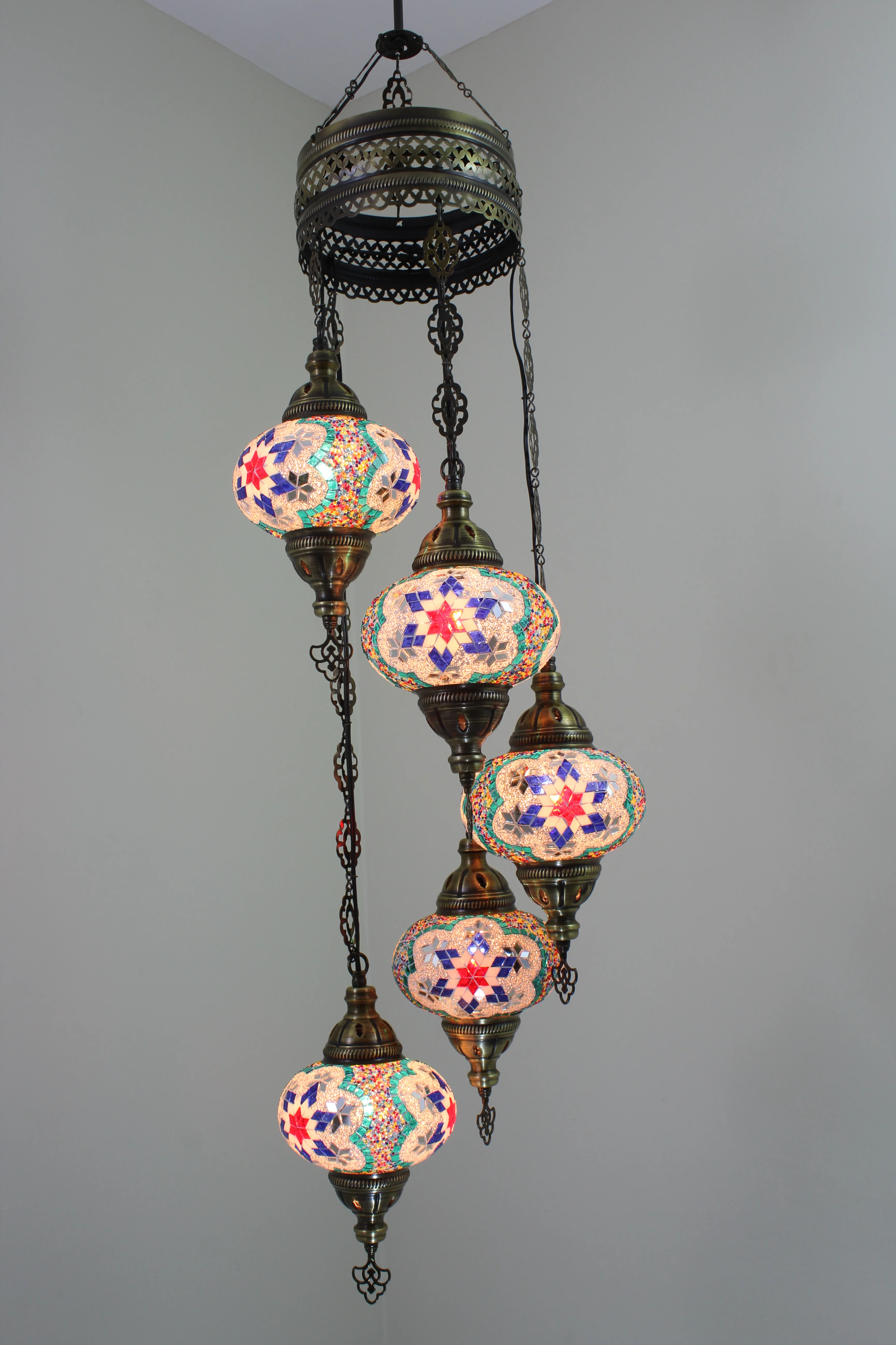 5 Ball Turkish Mosaic Chandelier - Water Drop Design with Large Globes, ID: H05L-3 - Image 4