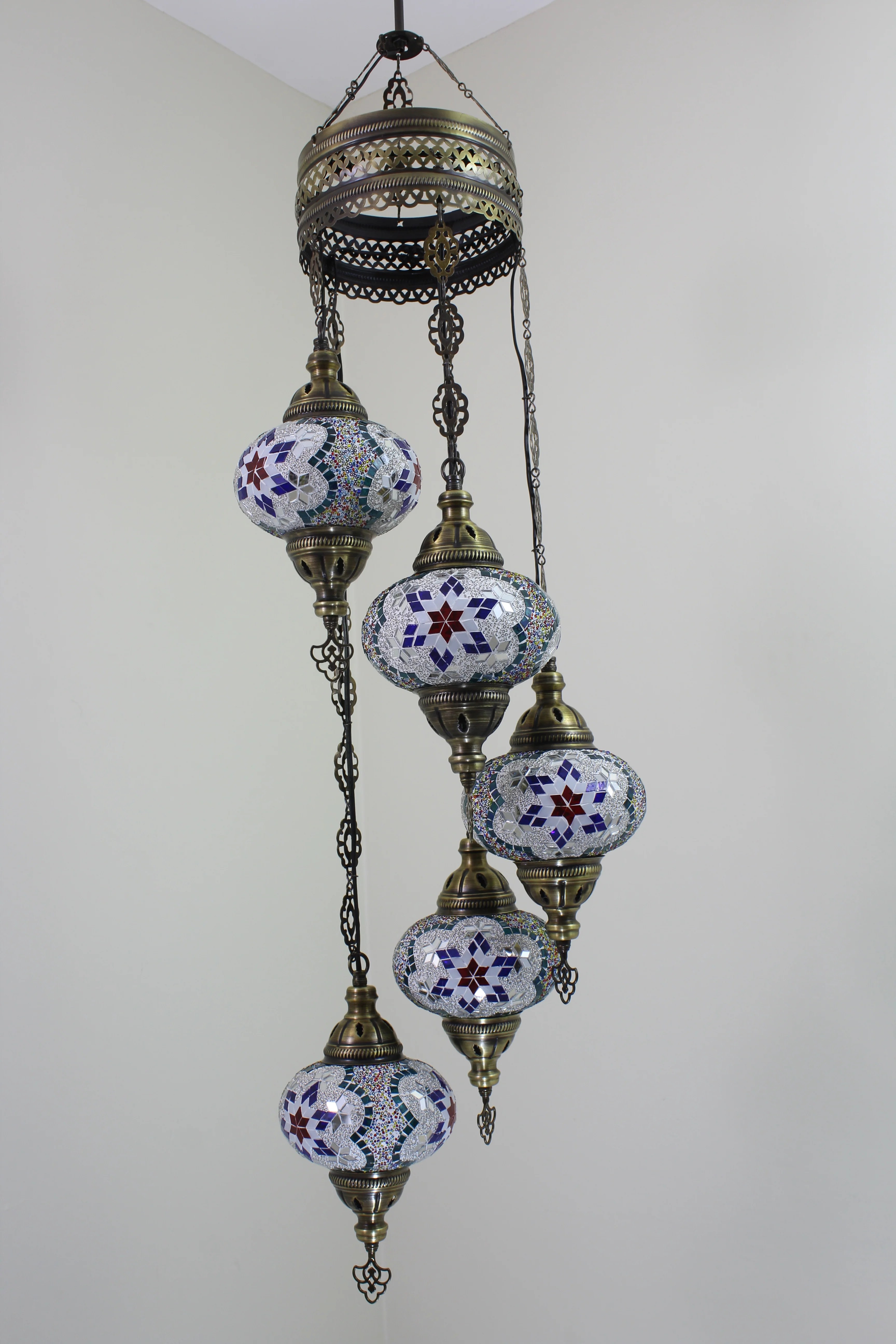 5 Ball Turkish Mosaic Chandelier - Water Drop Design with Large Globes, ID: H05L-3 - Image 5