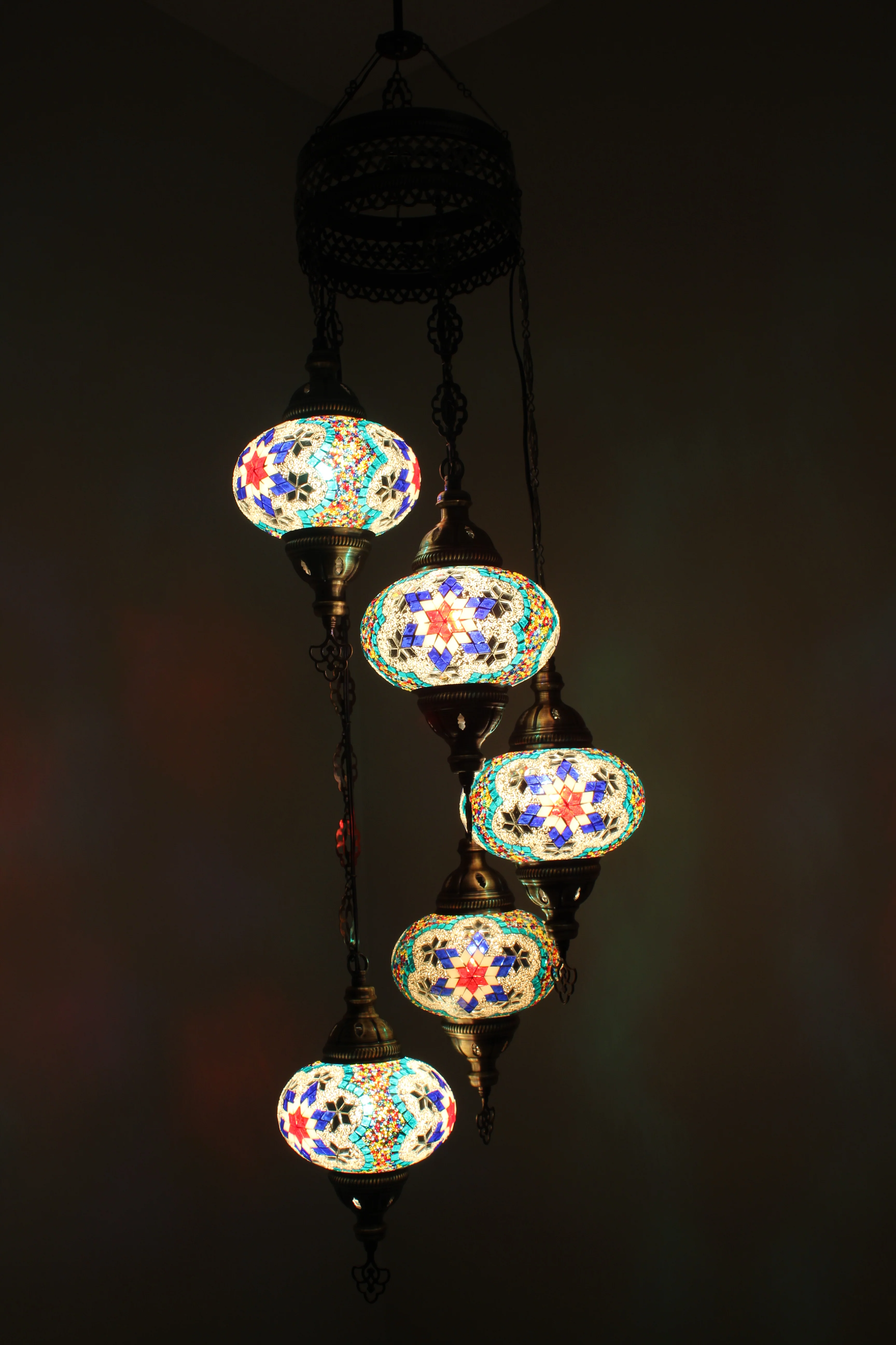 5 Ball Turkish Mosaic Chandelier - Water Drop Design with Large Globes, ID: H05L-3 - Image 7