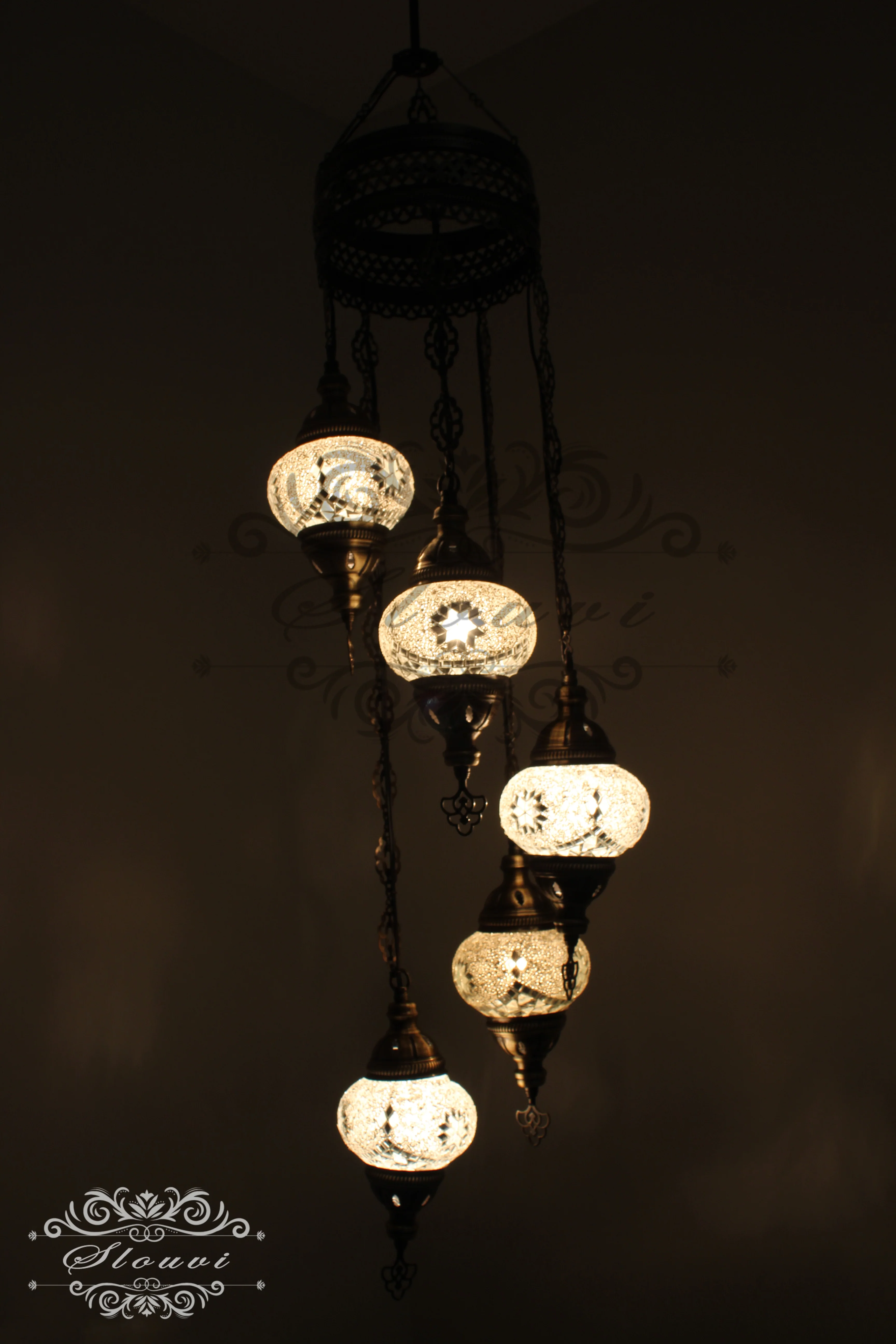 5 Ball Turkish Mosaic Chandelier - Water Drop Design with Medium Globes, ID: H05M-2