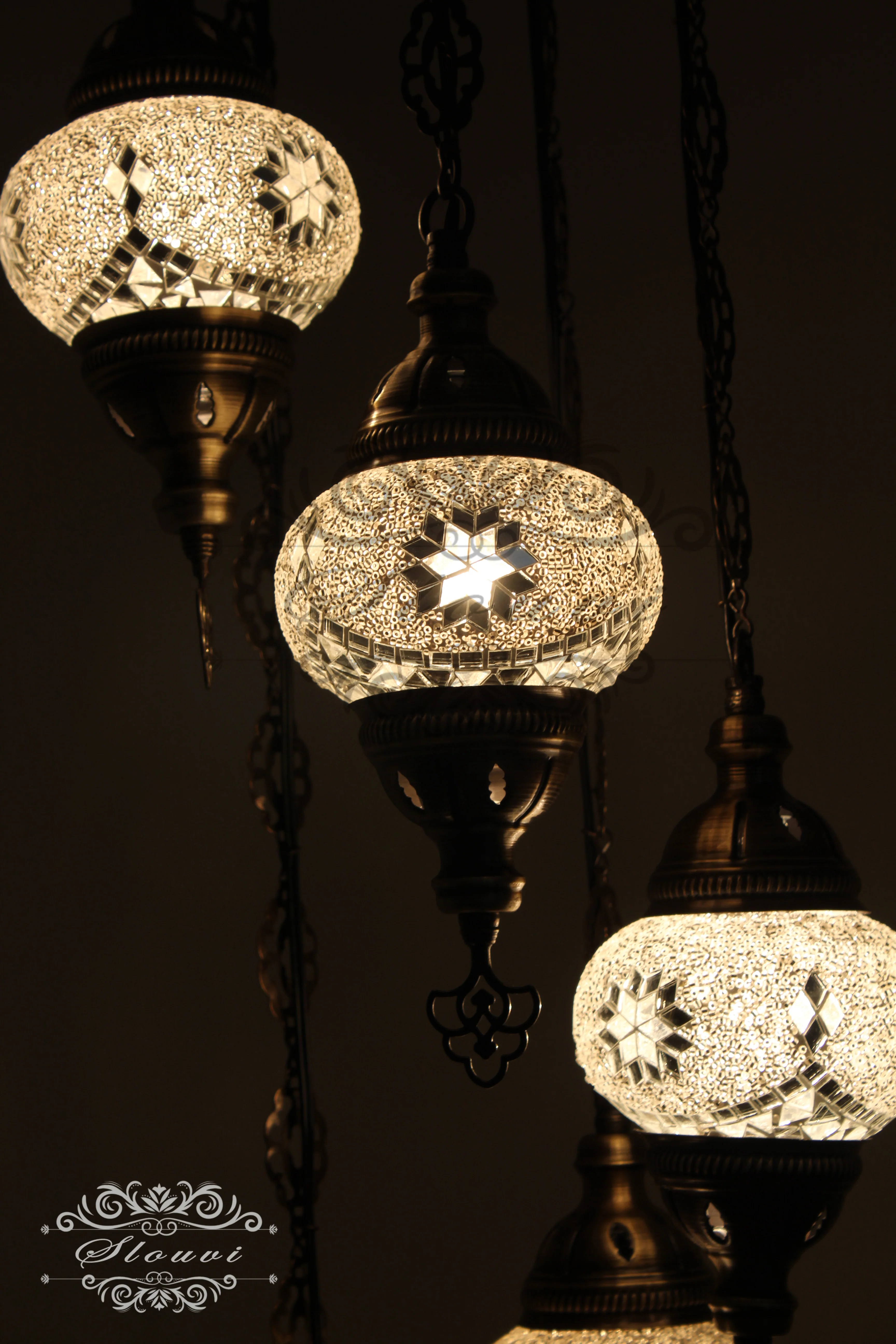 5 Ball Turkish Mosaic Chandelier - Water Drop Design with Medium Globes, ID: H05M-2 - Image 2