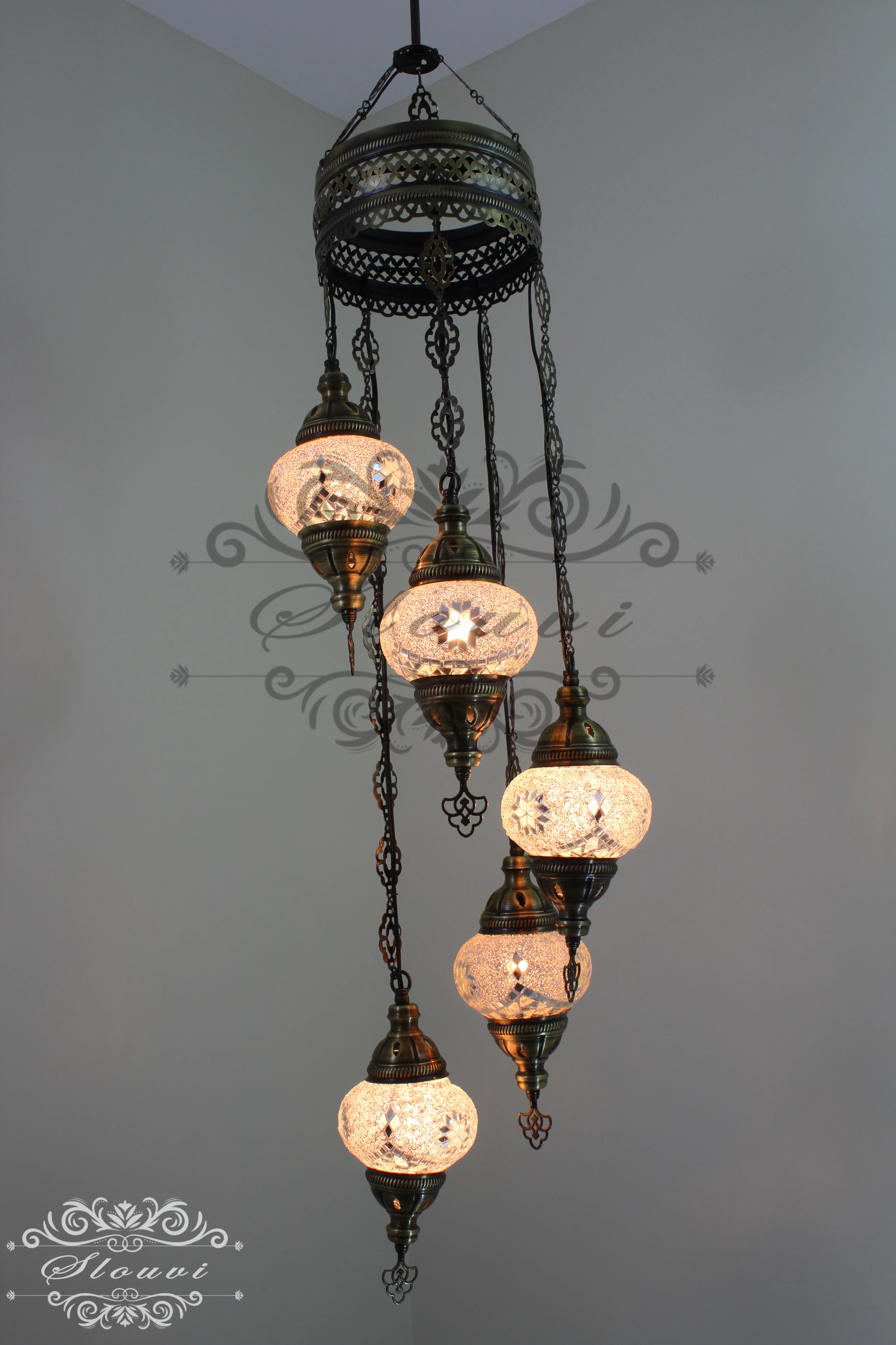 5 Ball Turkish Mosaic Chandelier - Water Drop Design with Medium Globes, ID: H05M-2 - Image 3