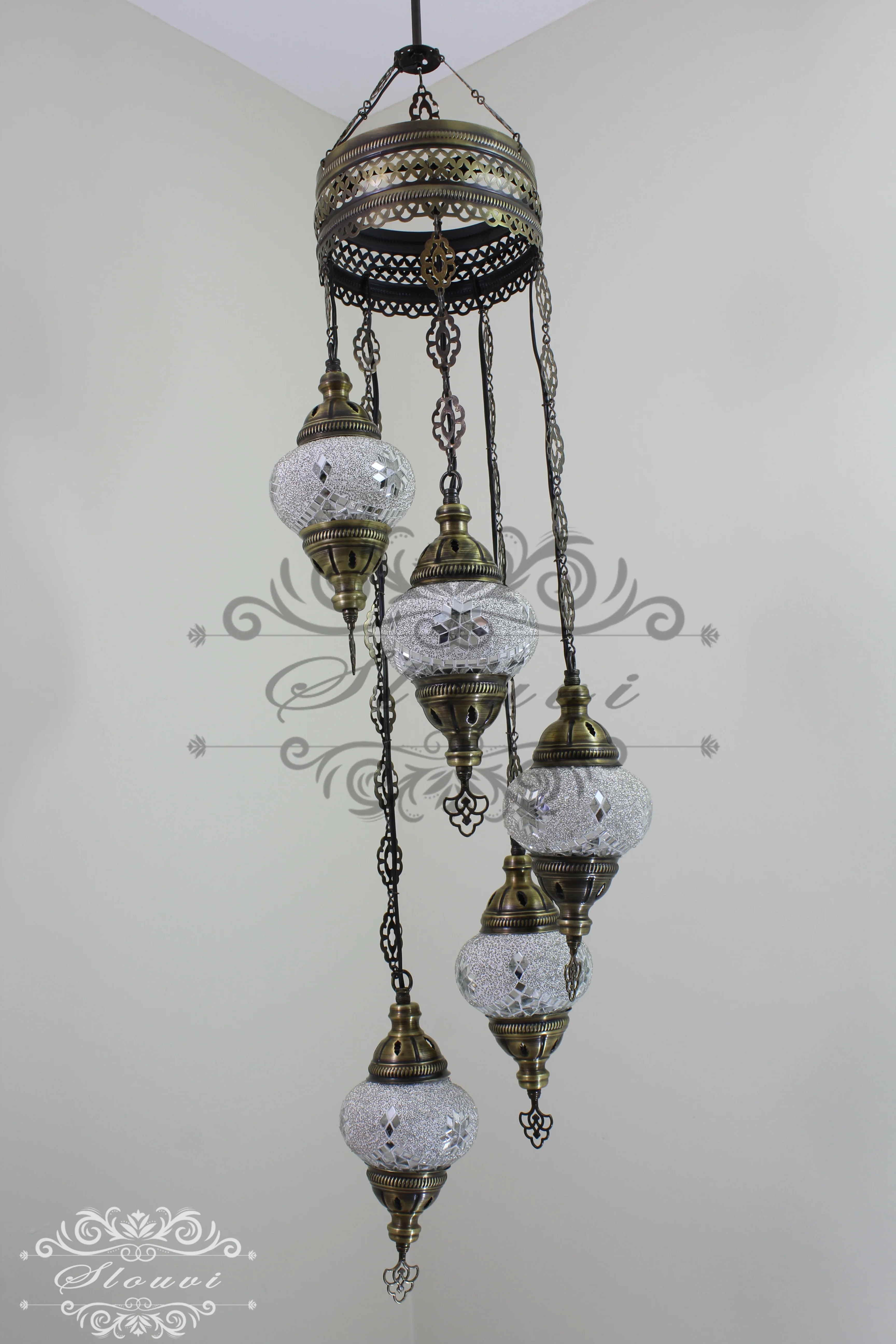 5 Ball Turkish Mosaic Chandelier - Water Drop Design with Medium Globes, ID: H05M-2 - Image 4